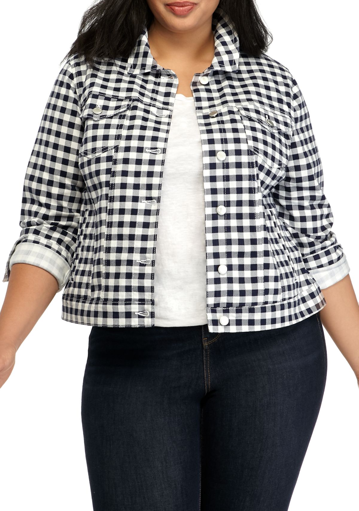 Plus Size Gingham Denim Jacket 