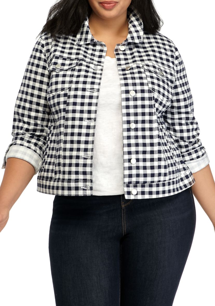 Plus Size Gingham Denim Jacket 