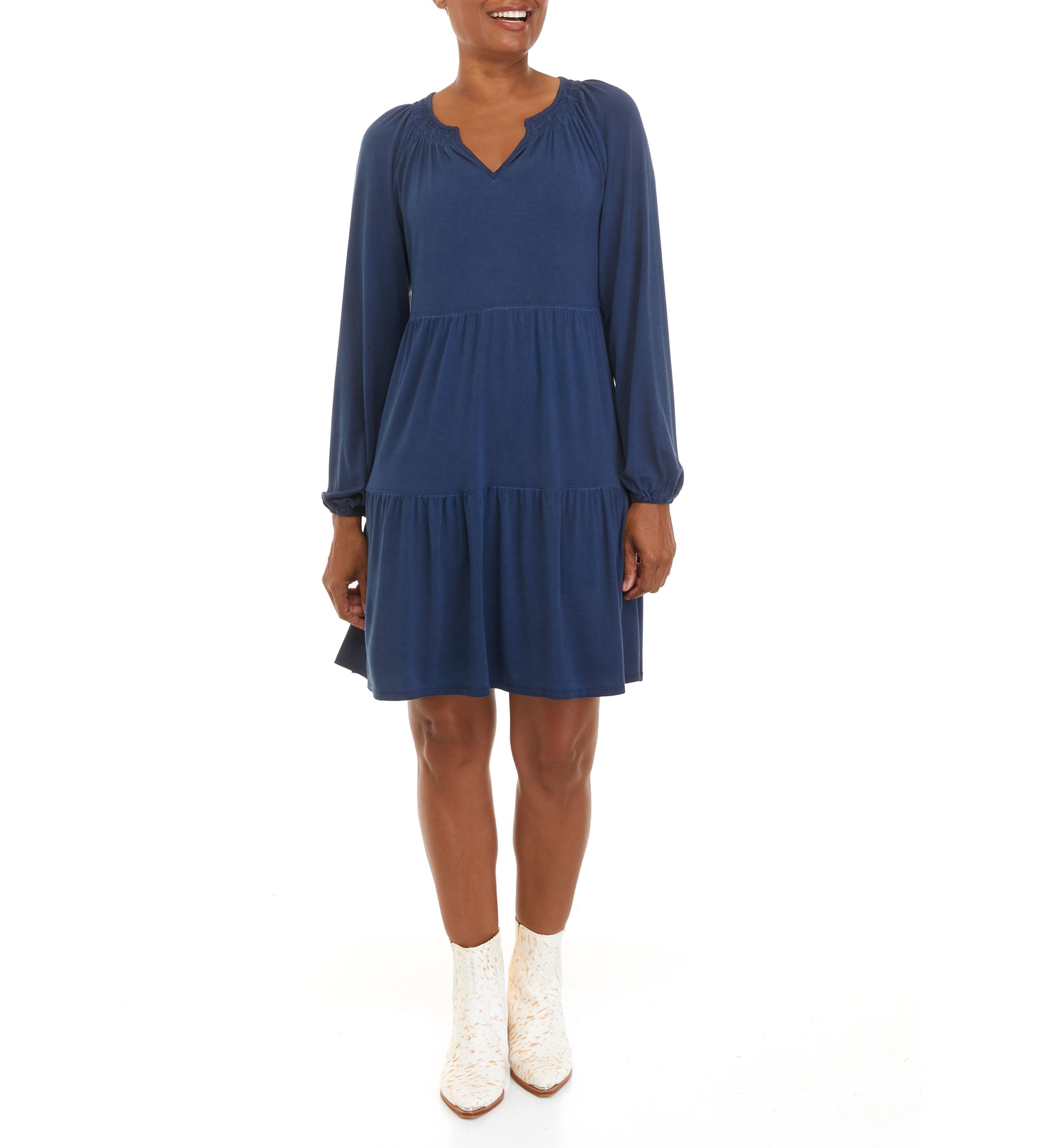 Petite Long Sleeve Julianna Crepe Tiered Dress 						