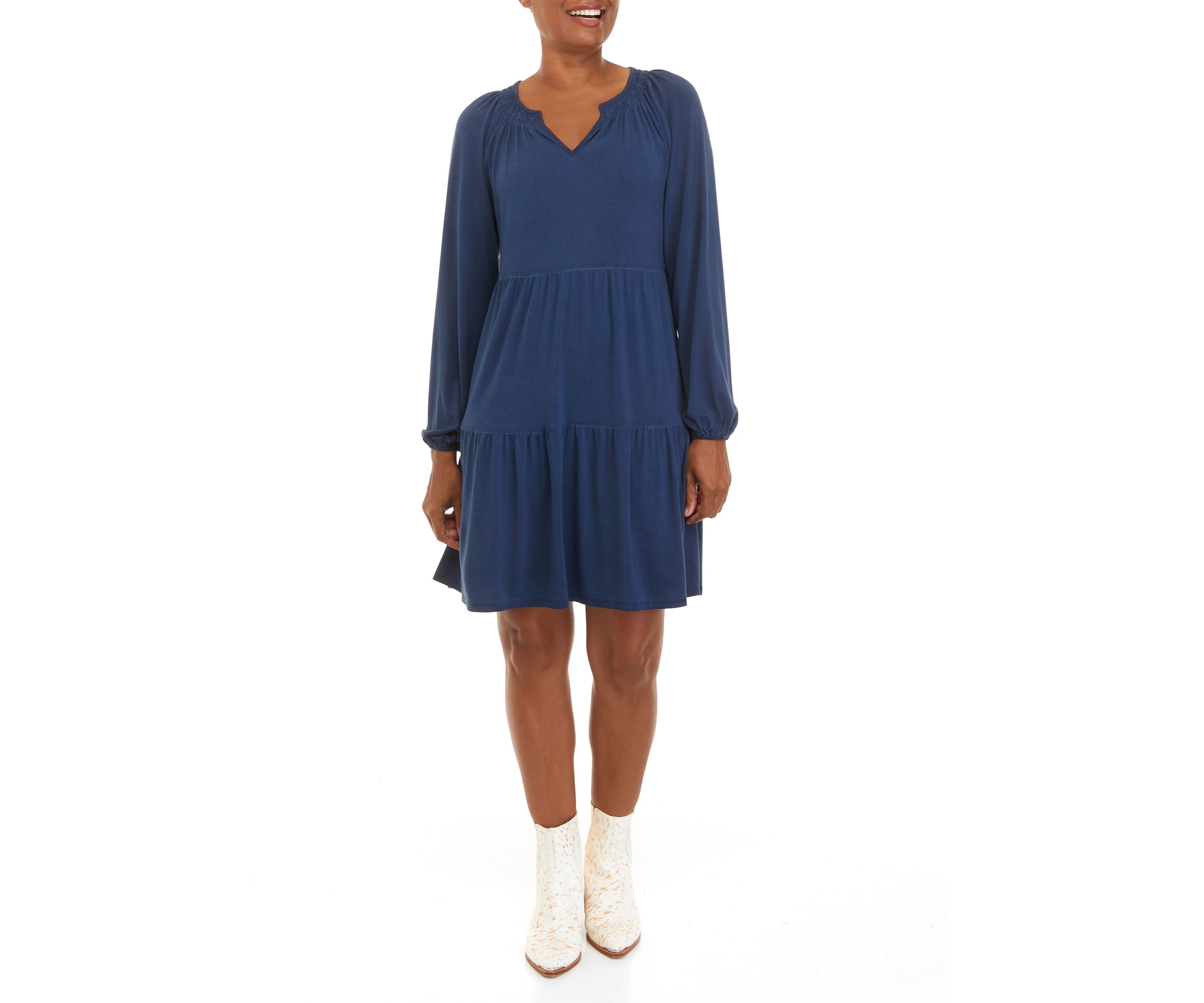 Petite Long Sleeve Julianna Crepe Tiered Dress 						