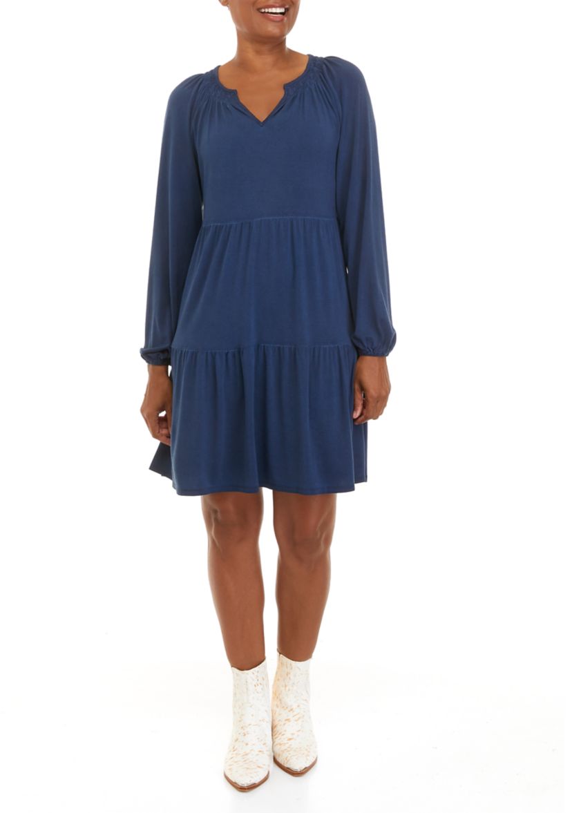 Petite Long Sleeve Julianna Crepe Tiered Dress 						
