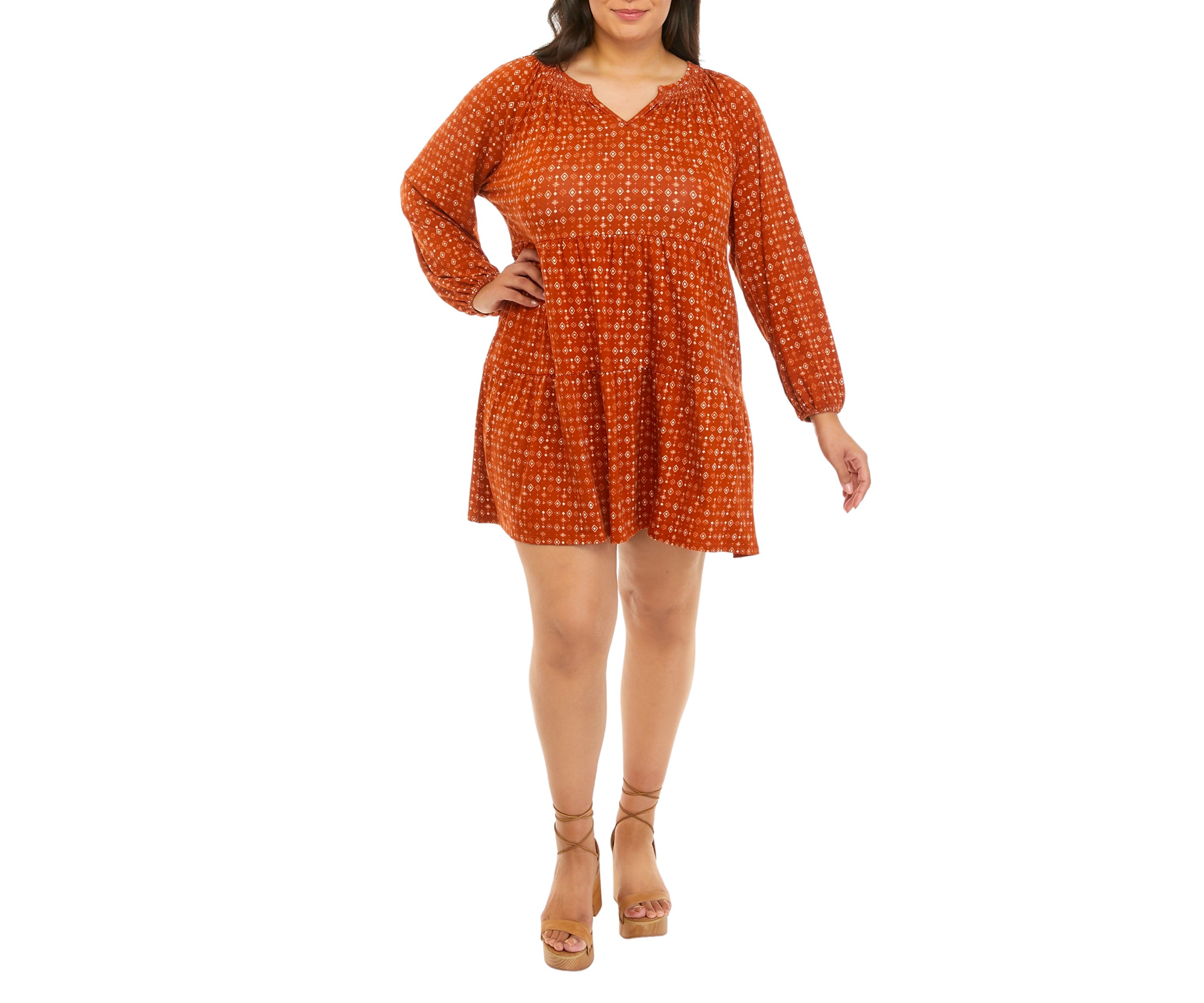 Plus Size Long Sleeve Smocked Neck Tiered Dress 
