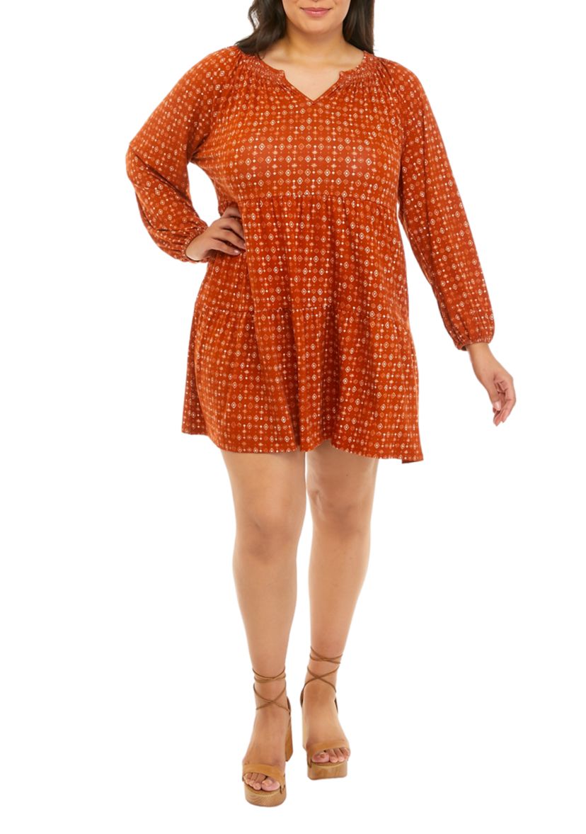 Plus Size Long Sleeve Smocked Neck Tiered Dress 