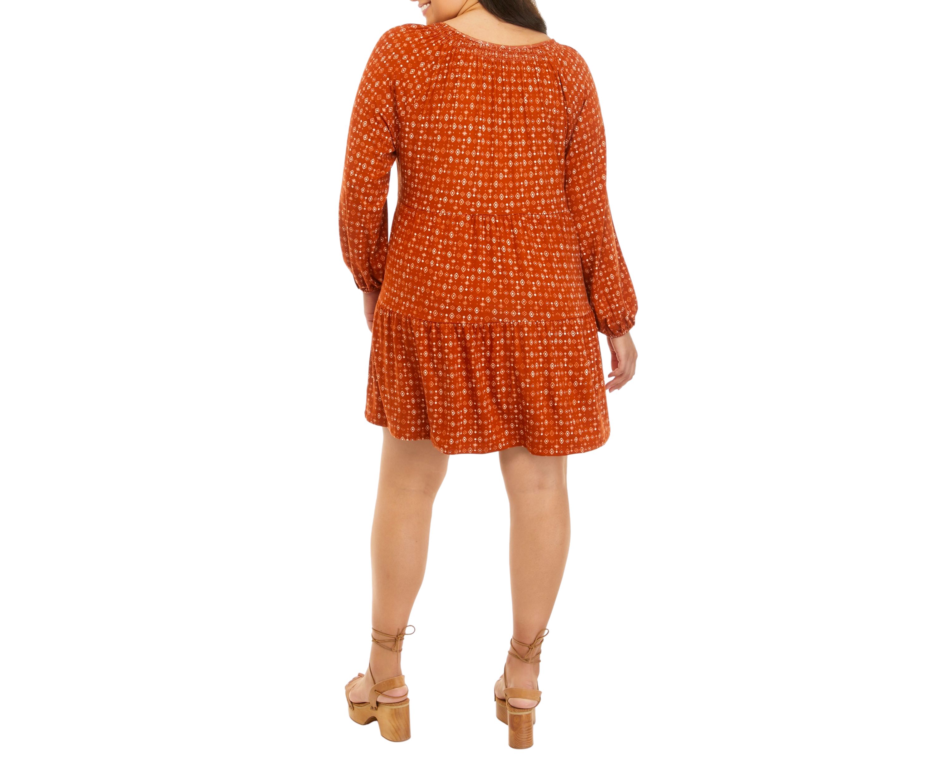 Plus Size Long Sleeve Smocked Neck Tiered Dress 