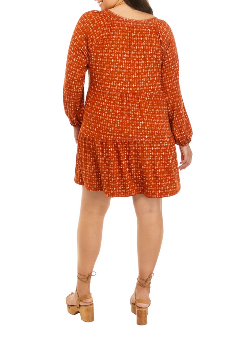 Plus Size Long Sleeve Smocked Neck Tiered Dress 