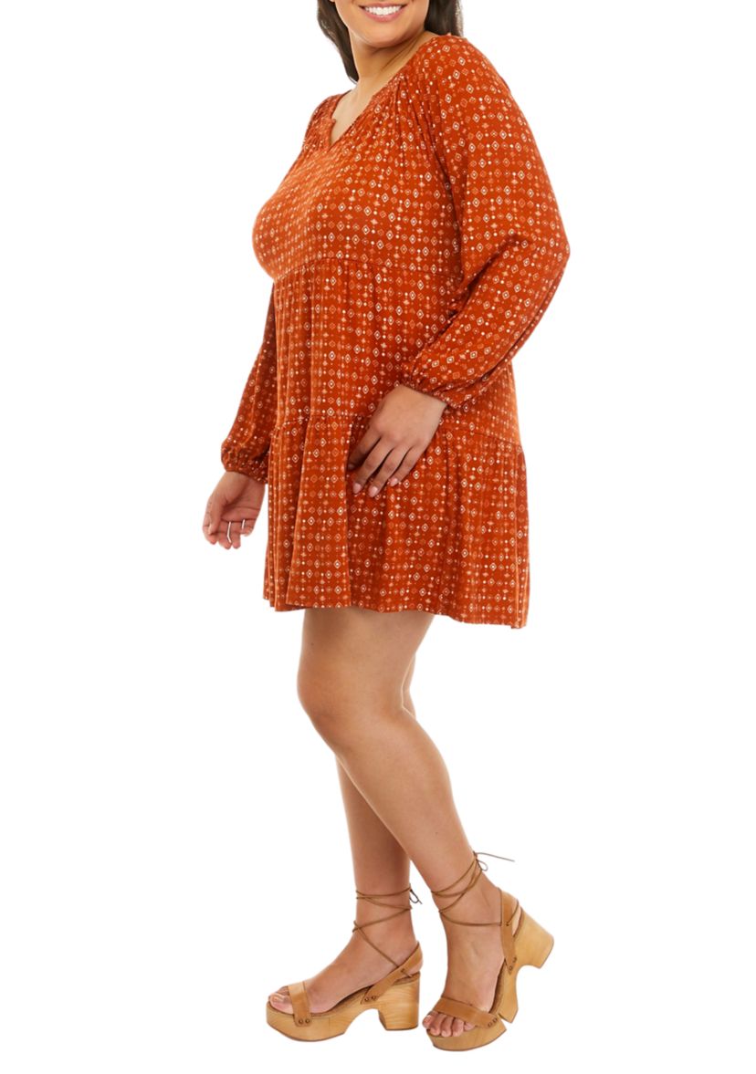 Plus Size Long Sleeve Smocked Neck Tiered Dress 