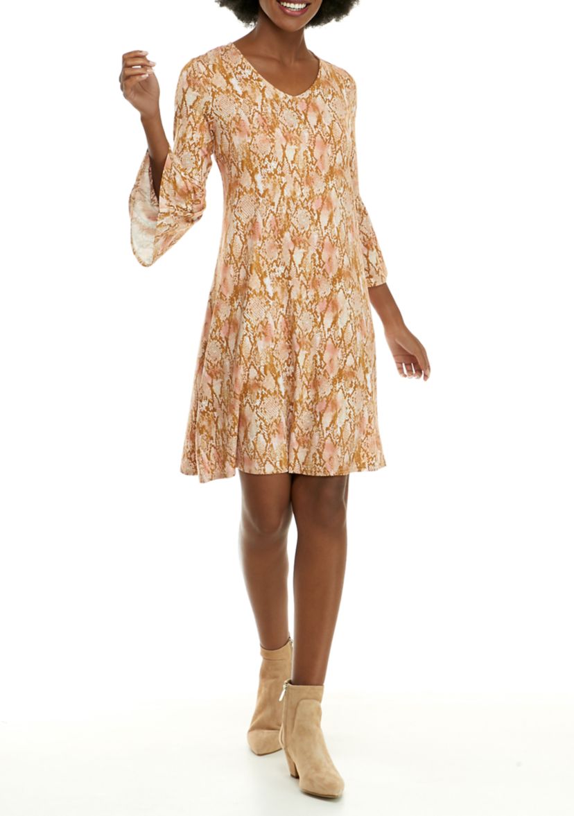 Womens 3/4 Bell Sleeve Printed Crepe Dress