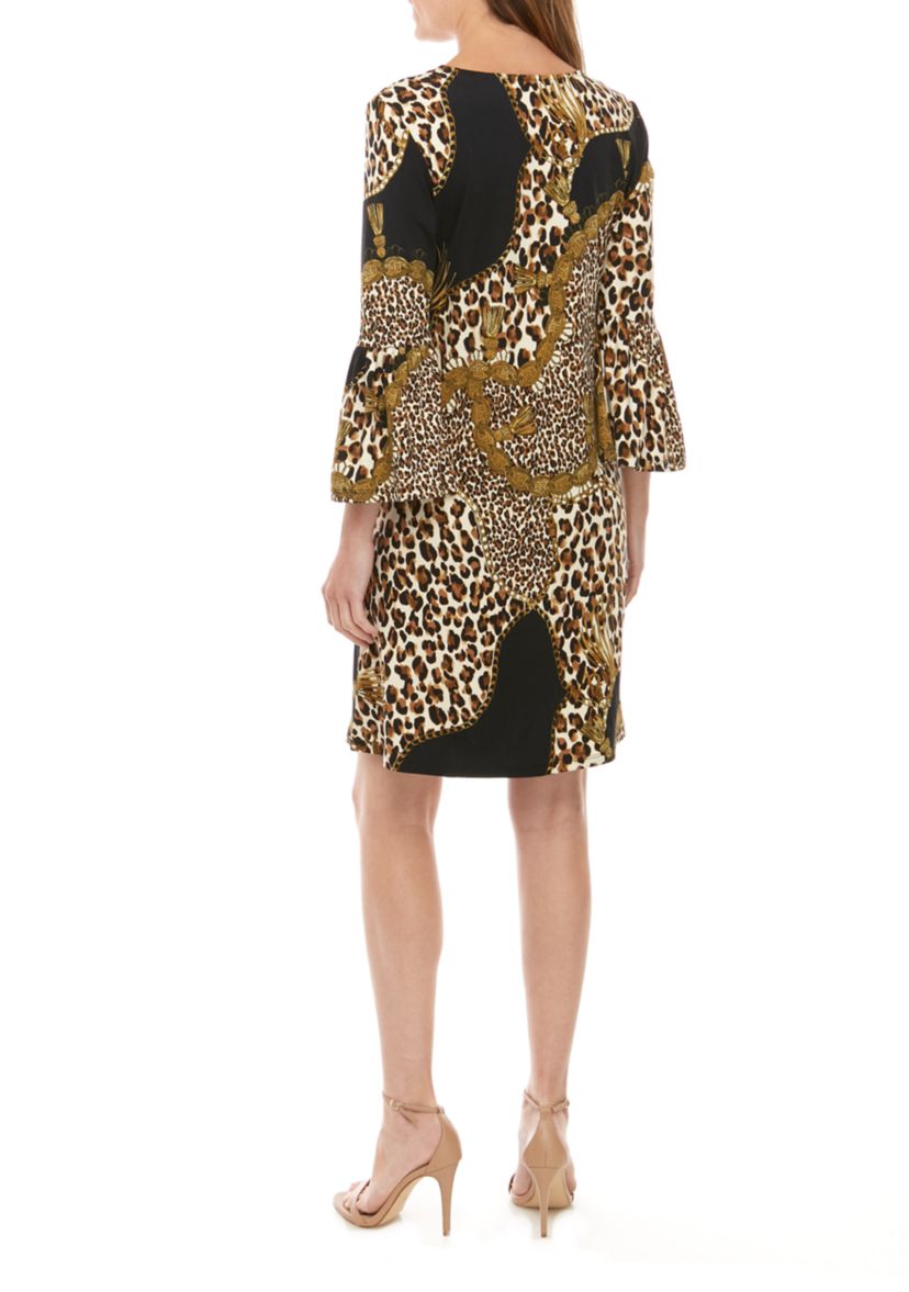 Womens 3/4 Bell Sleeve Printed Crepe Dress