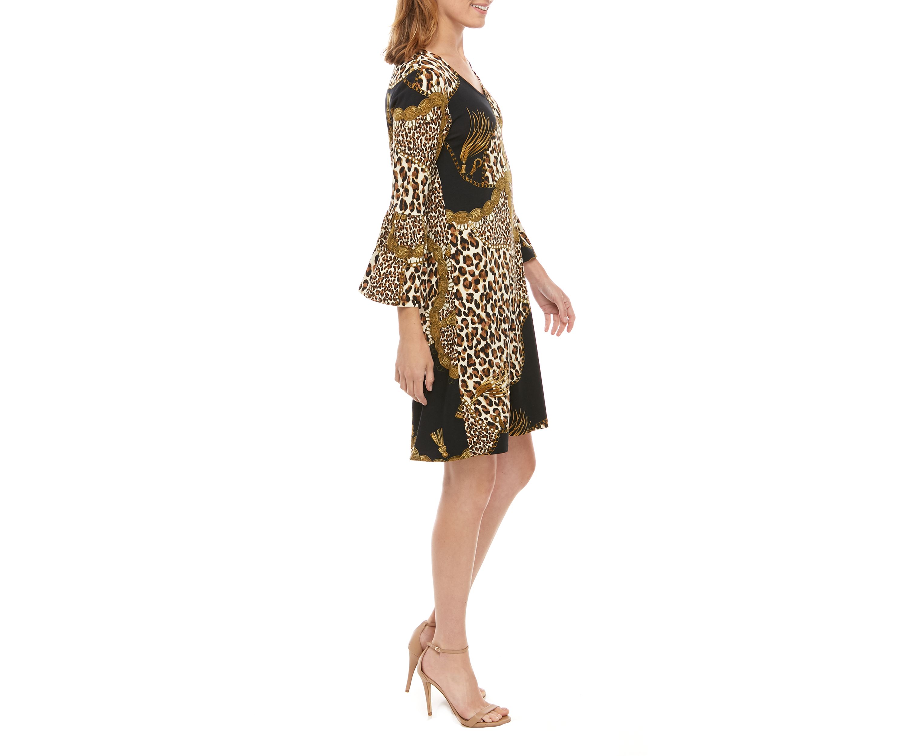 Womens 3/4 Bell Sleeve Printed Crepe Dress