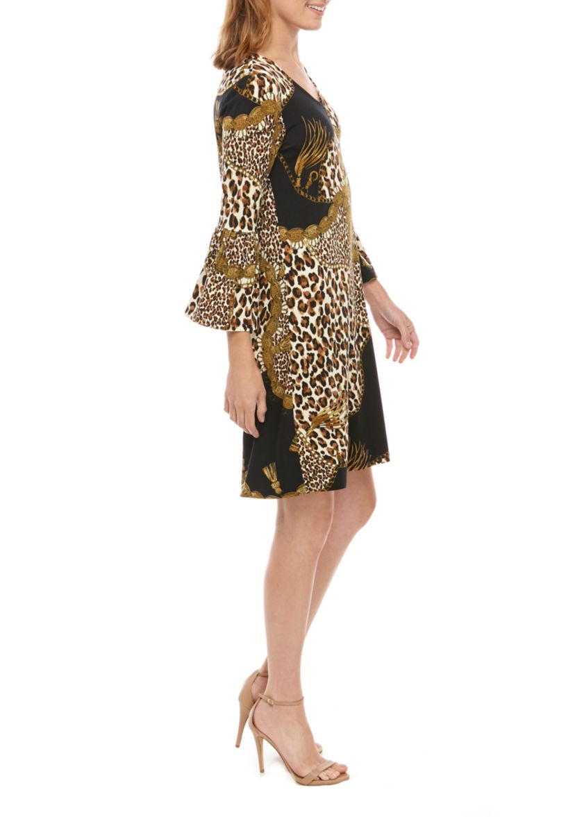 Womens 3/4 Bell Sleeve Printed Crepe Dress