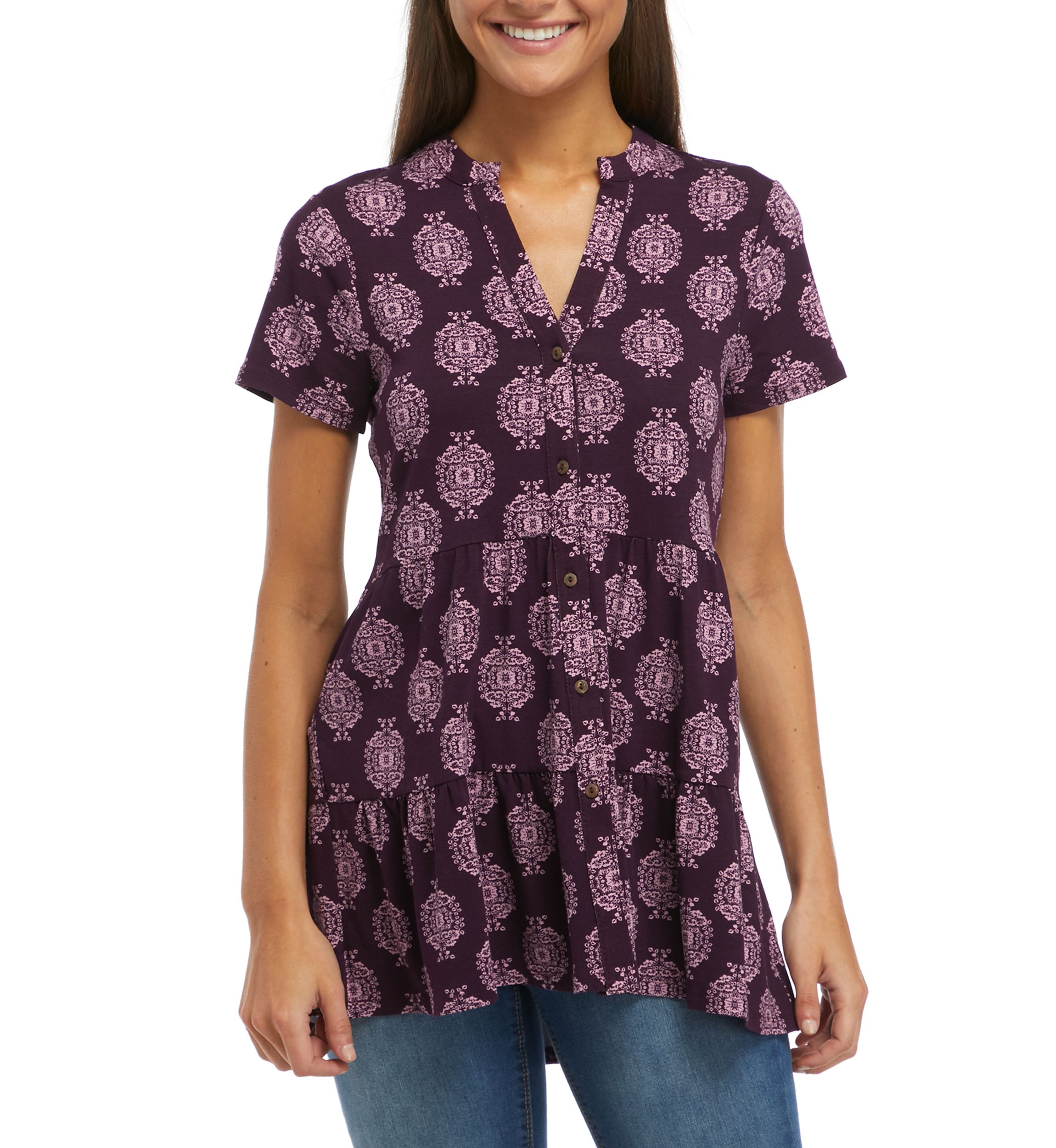 Womens Short Sleeve Julianna Crepe Button Down Tunic