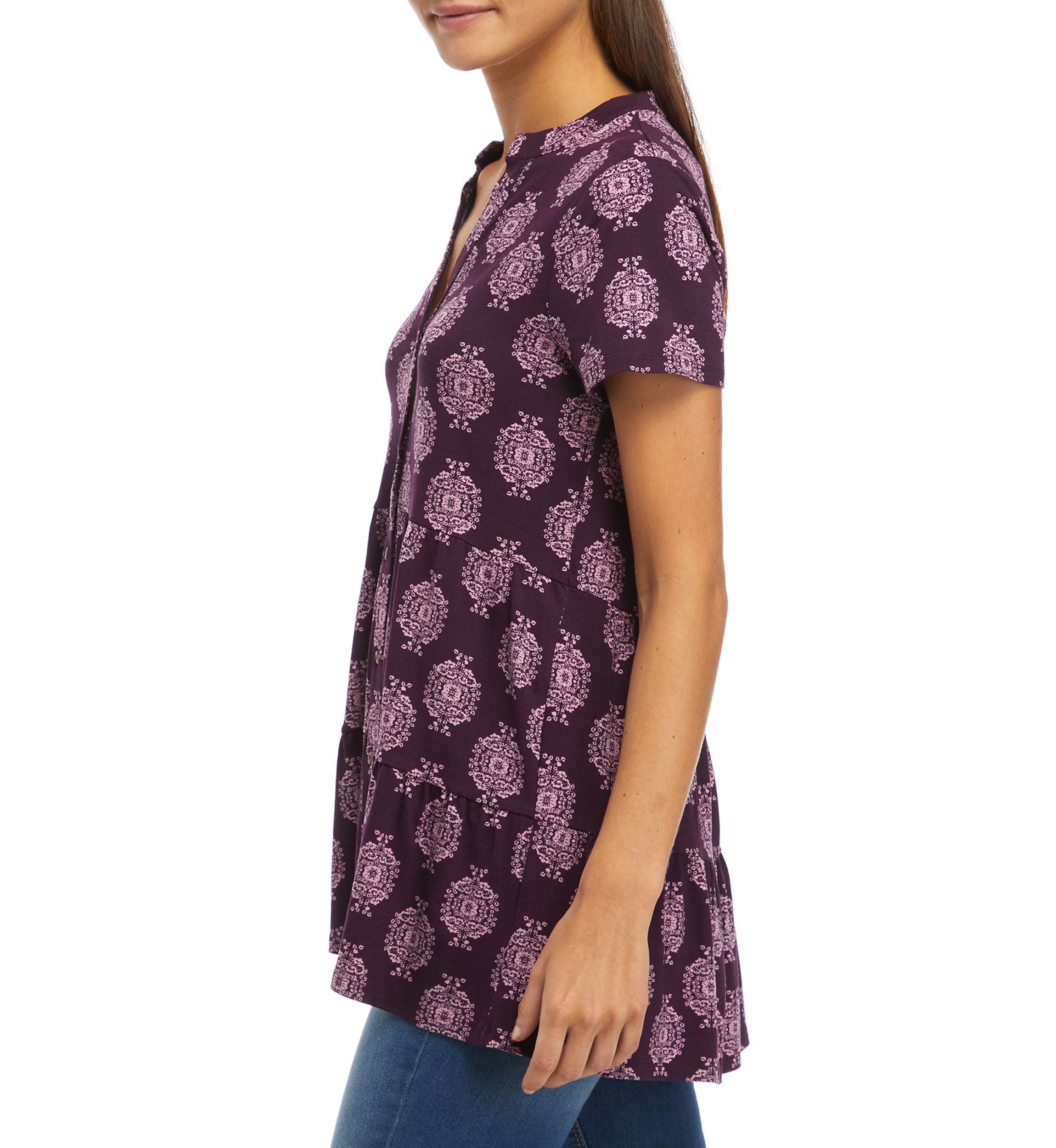Womens Short Sleeve Julianna Crepe Button Down Tunic