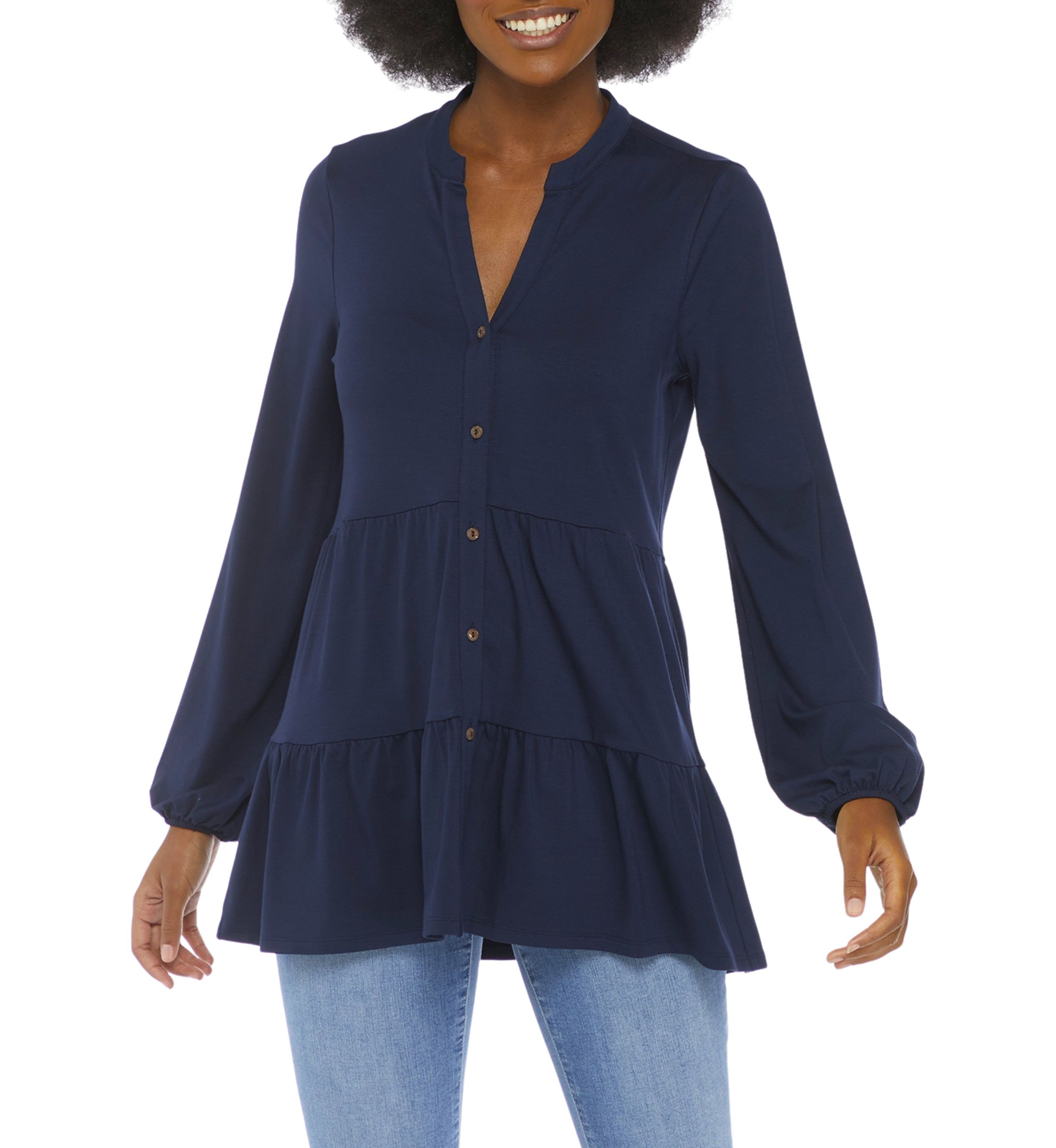Womens Long Sleeve Julianna Crepe Button Down Tunic 