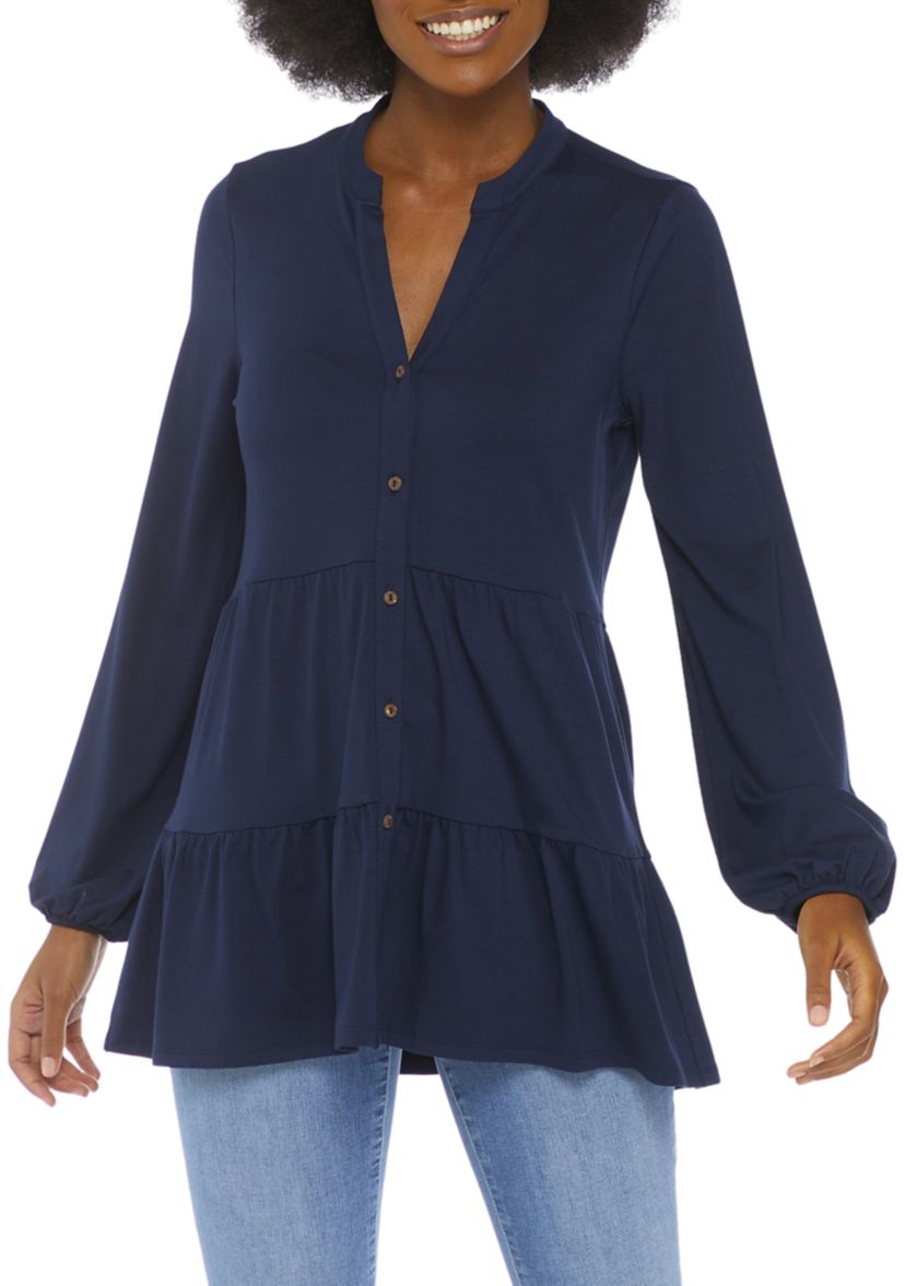Womens Long Sleeve Julianna Crepe Button Down Tunic 
