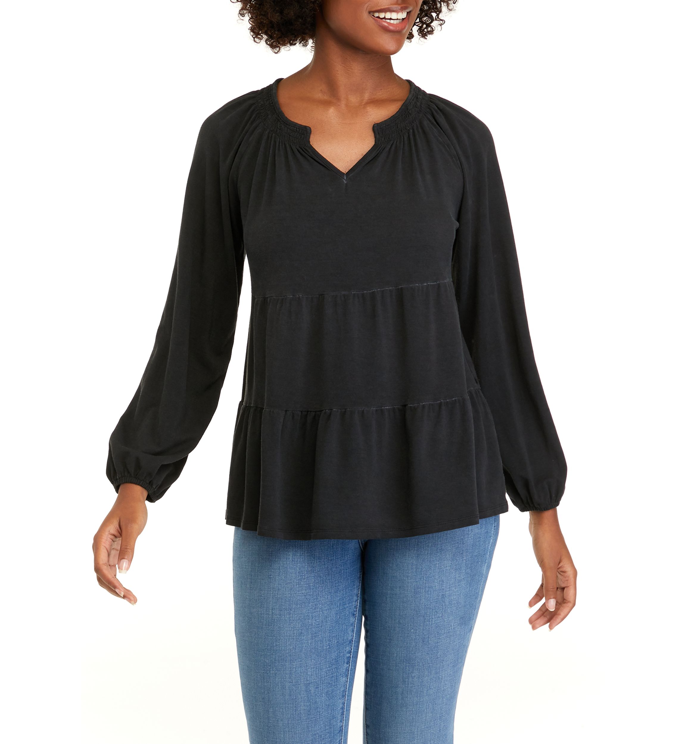 Petite Long Sleeve Smocked Split Neck Tiered Tunic Top
