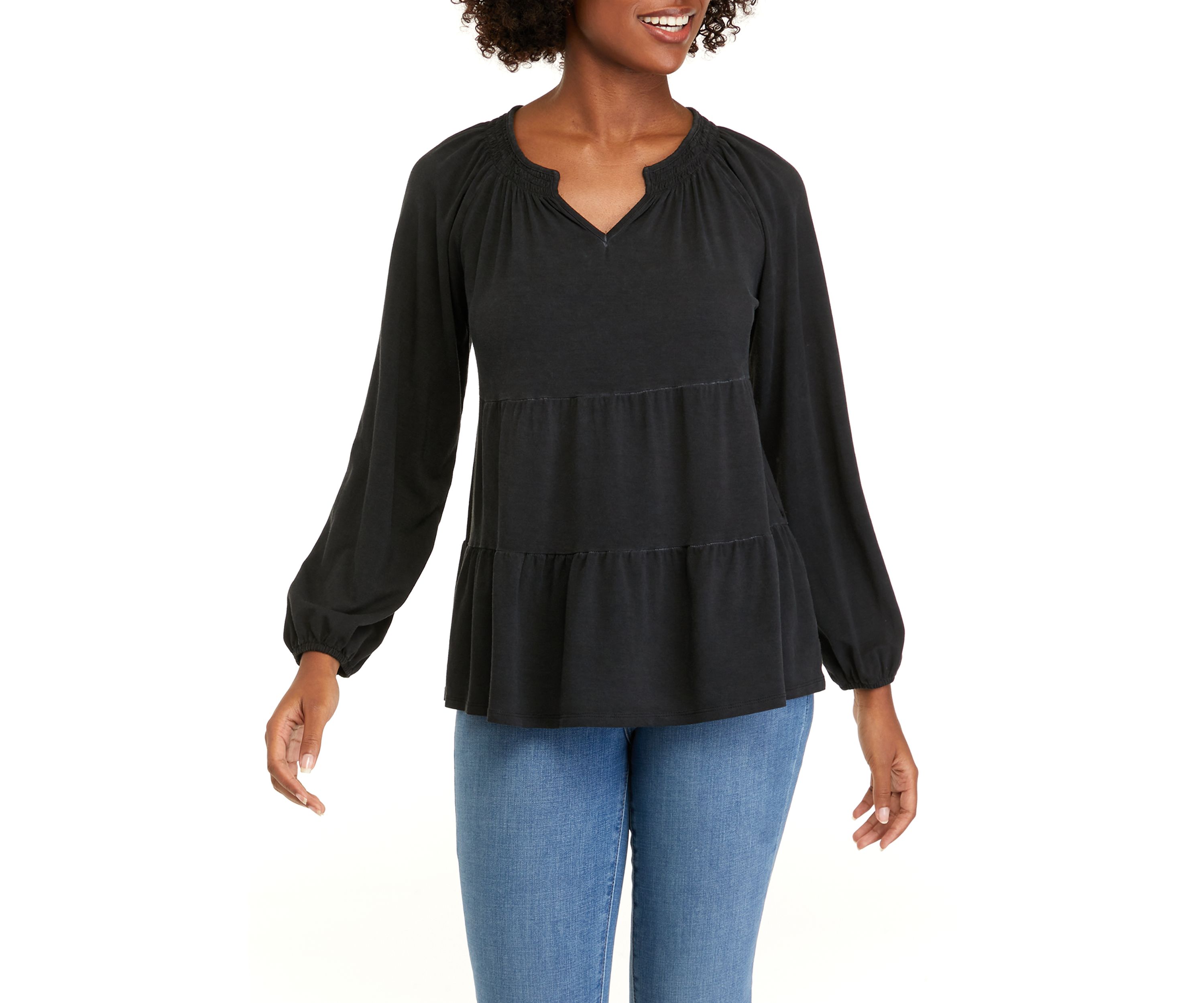 Petite Long Sleeve Smocked Split Neck Tiered Tunic Top