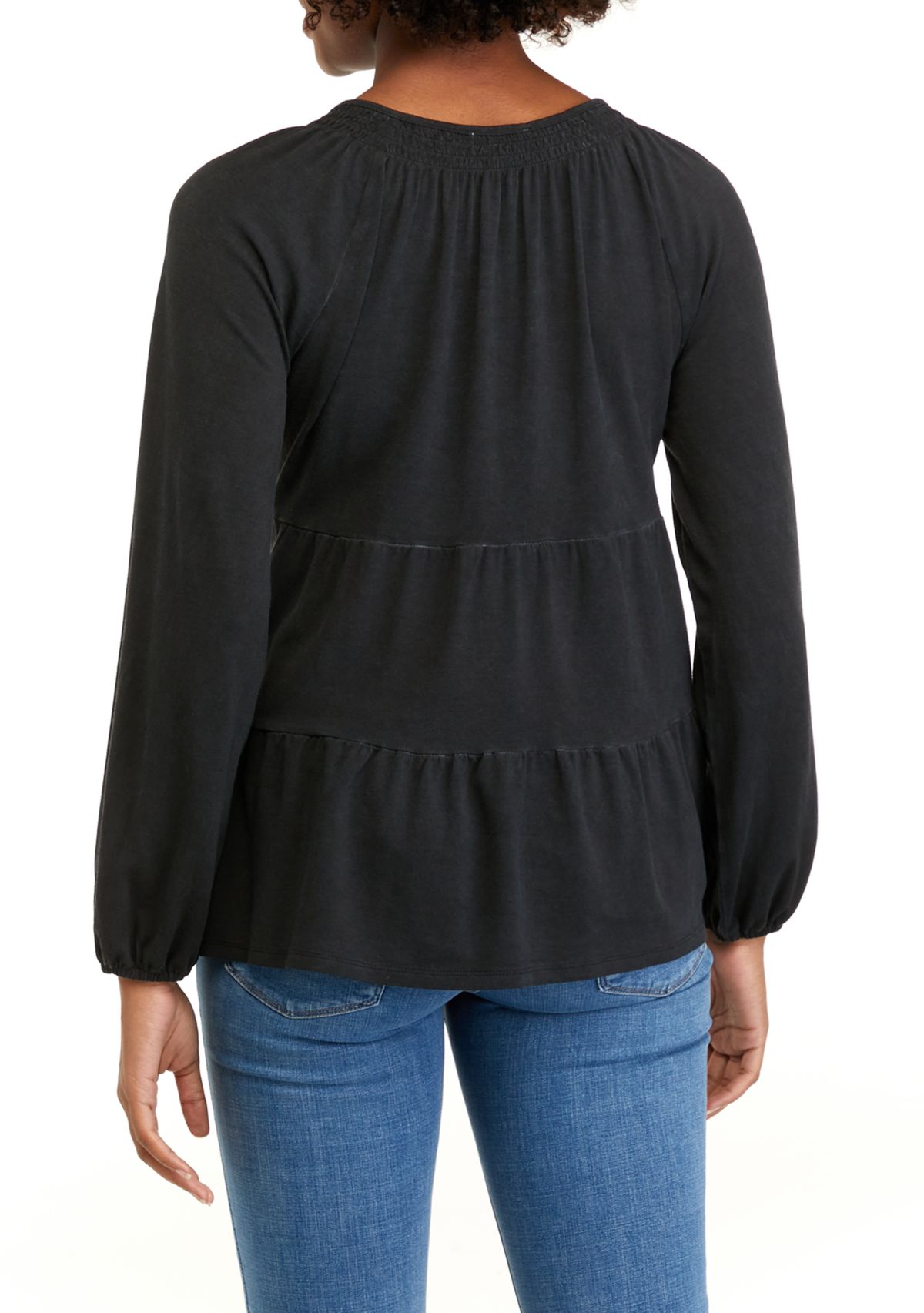 Petite Long Sleeve Smocked Split Neck Tiered Tunic Top