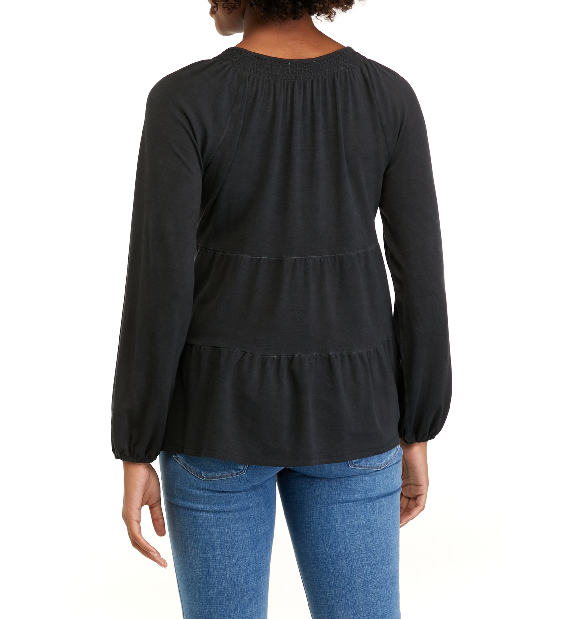 Petite Long Sleeve Smocked Split Neck Tiered Tunic Top