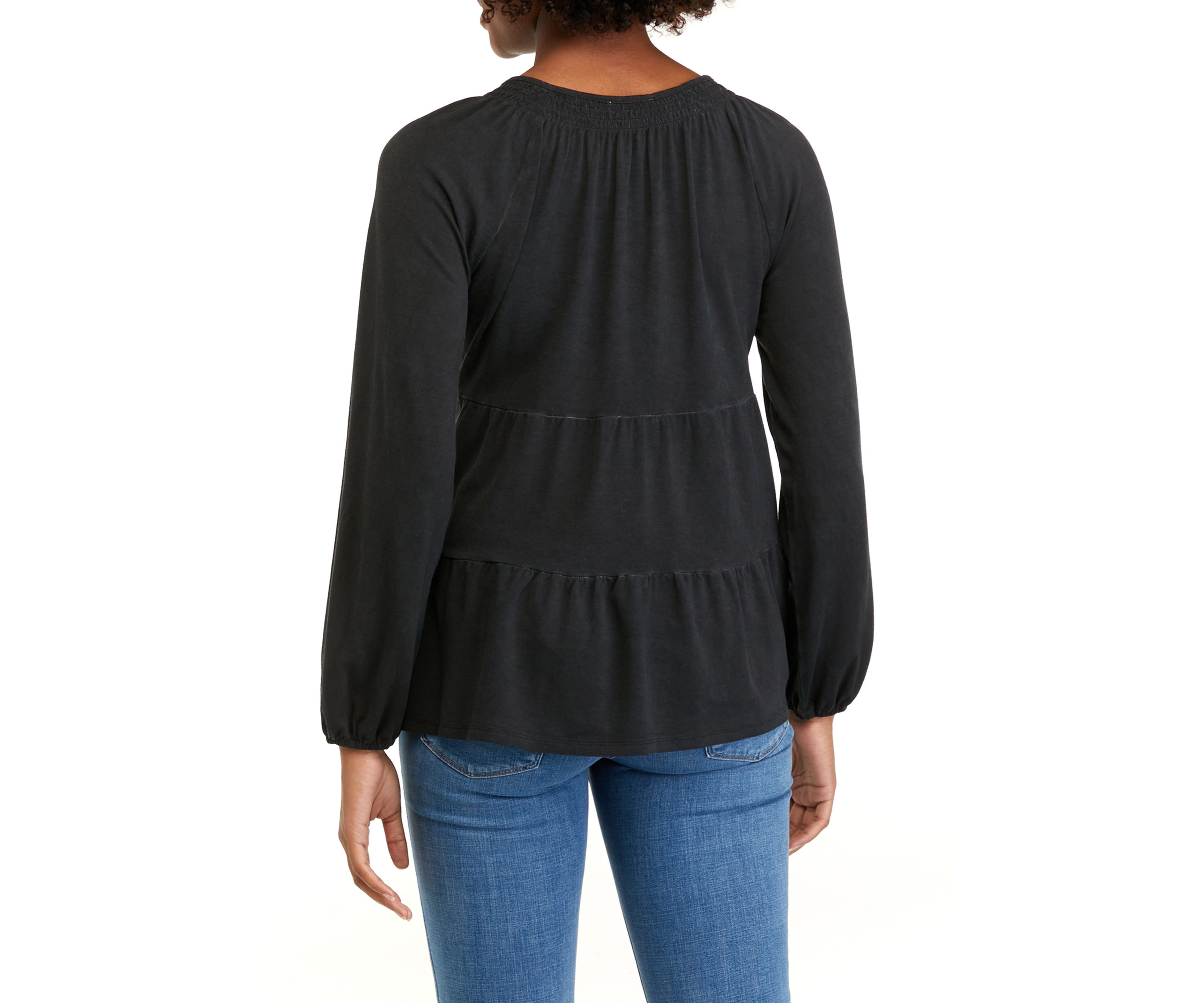 Petite Long Sleeve Smocked Split Neck Tiered Tunic Top