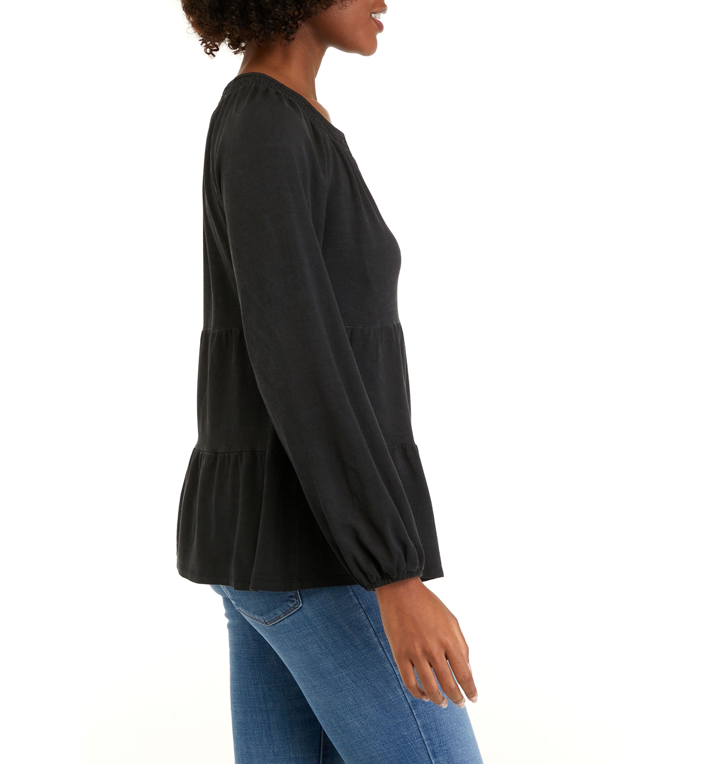 Petite Long Sleeve Smocked Split Neck Tiered Tunic Top