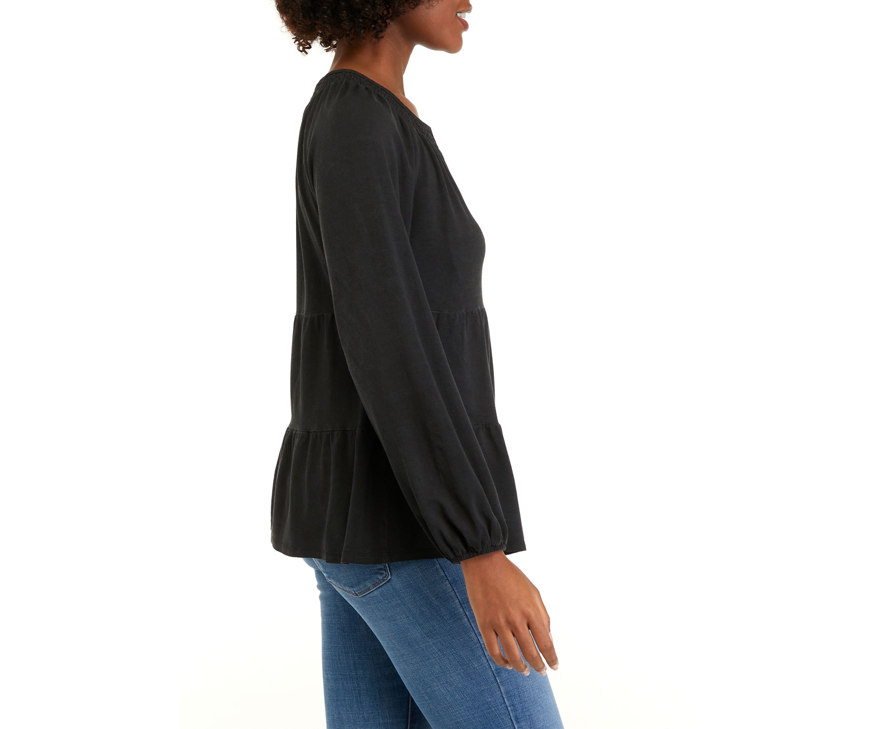 Petite Long Sleeve Smocked Split Neck Tiered Tunic Top