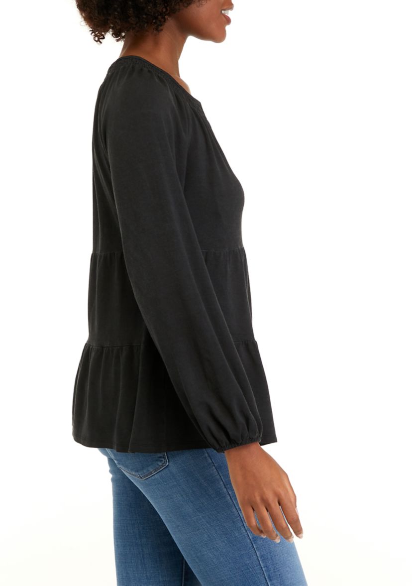 Petite Long Sleeve Smocked Split Neck Tiered Tunic Top