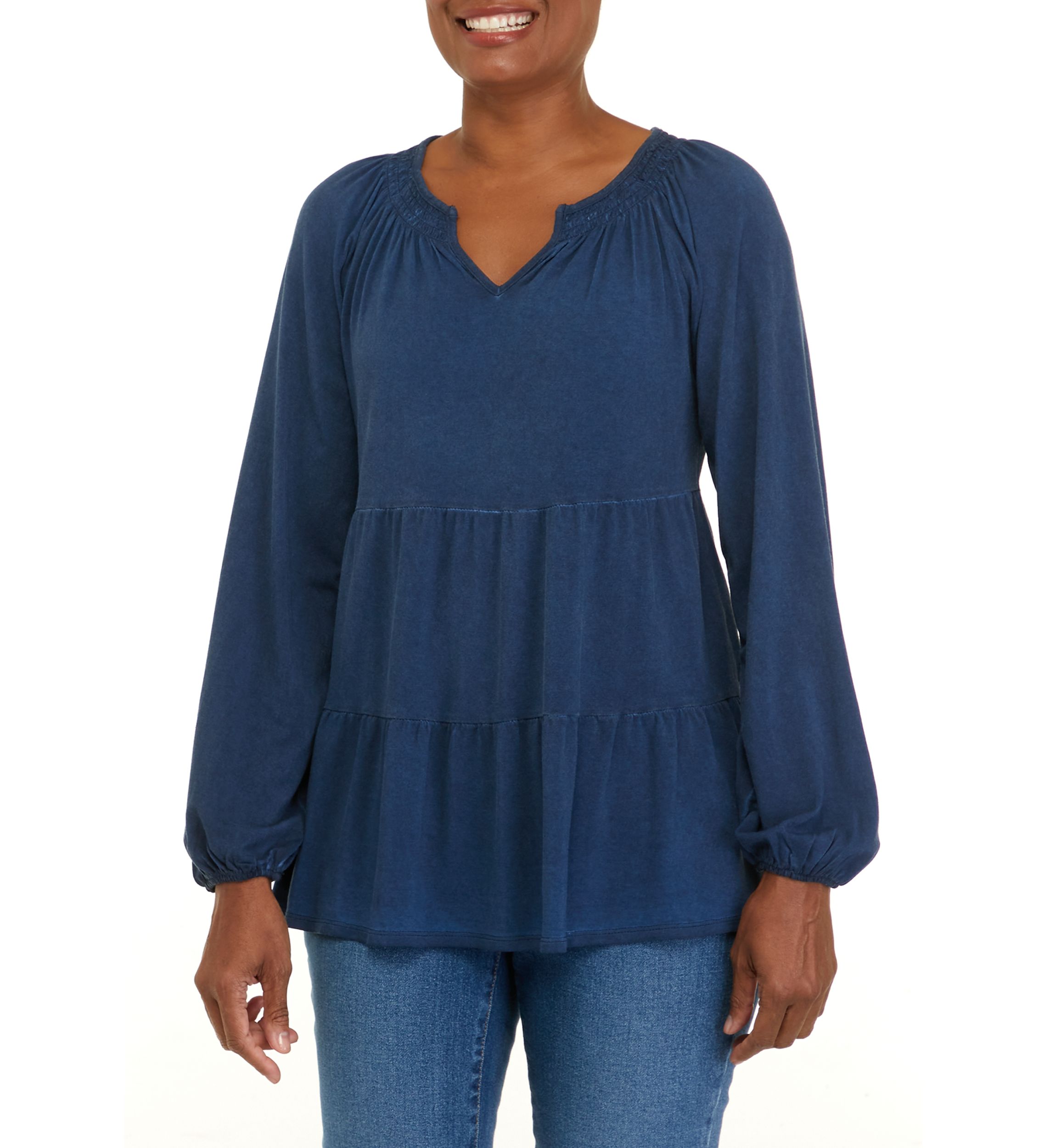 Womens Long Sleeve Julianna Crepe Notch Neck Tunic	Shirt