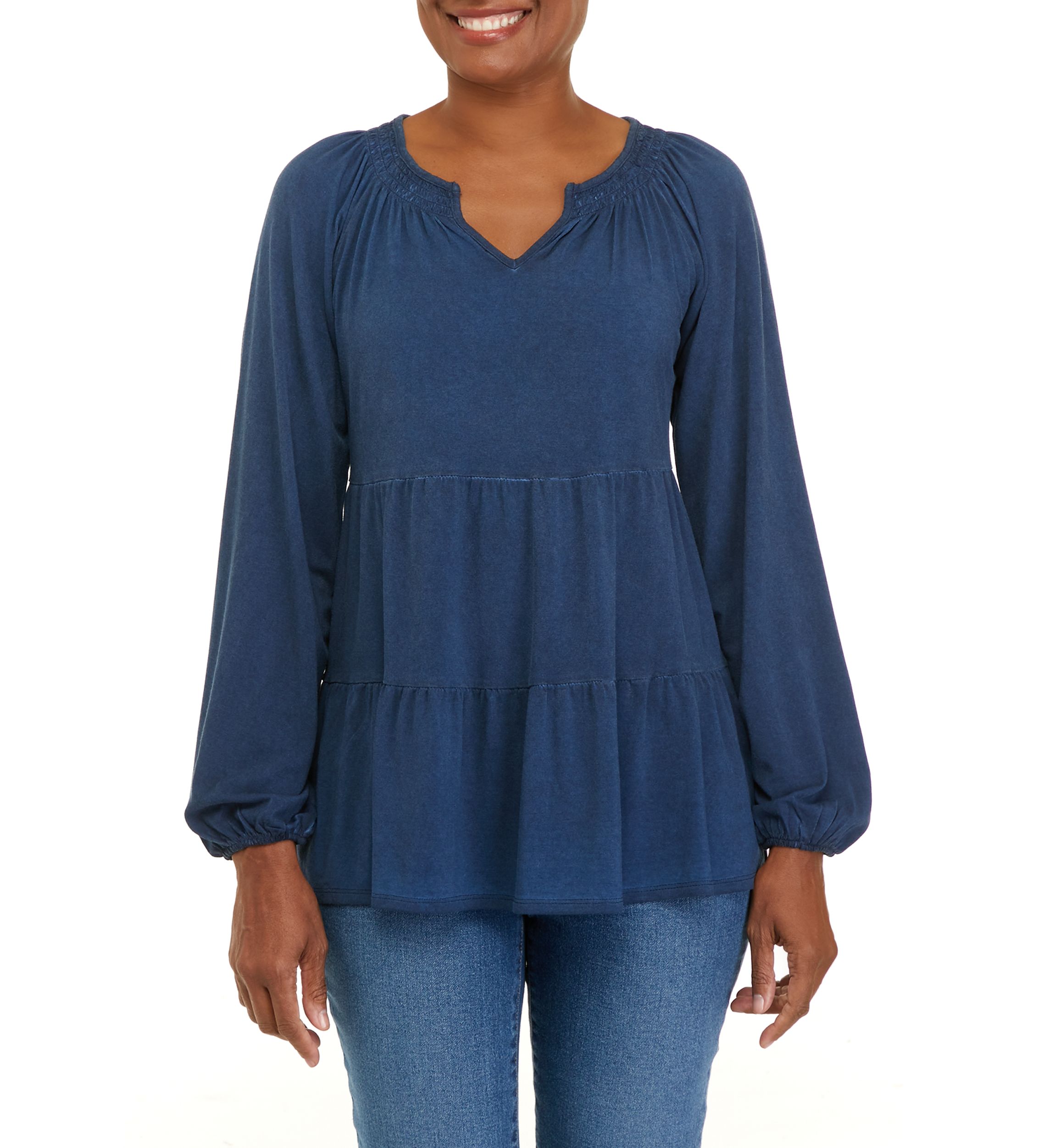 Petite  Long Sleeve Julianna Crepe Notch Neck Tunic Shirt 