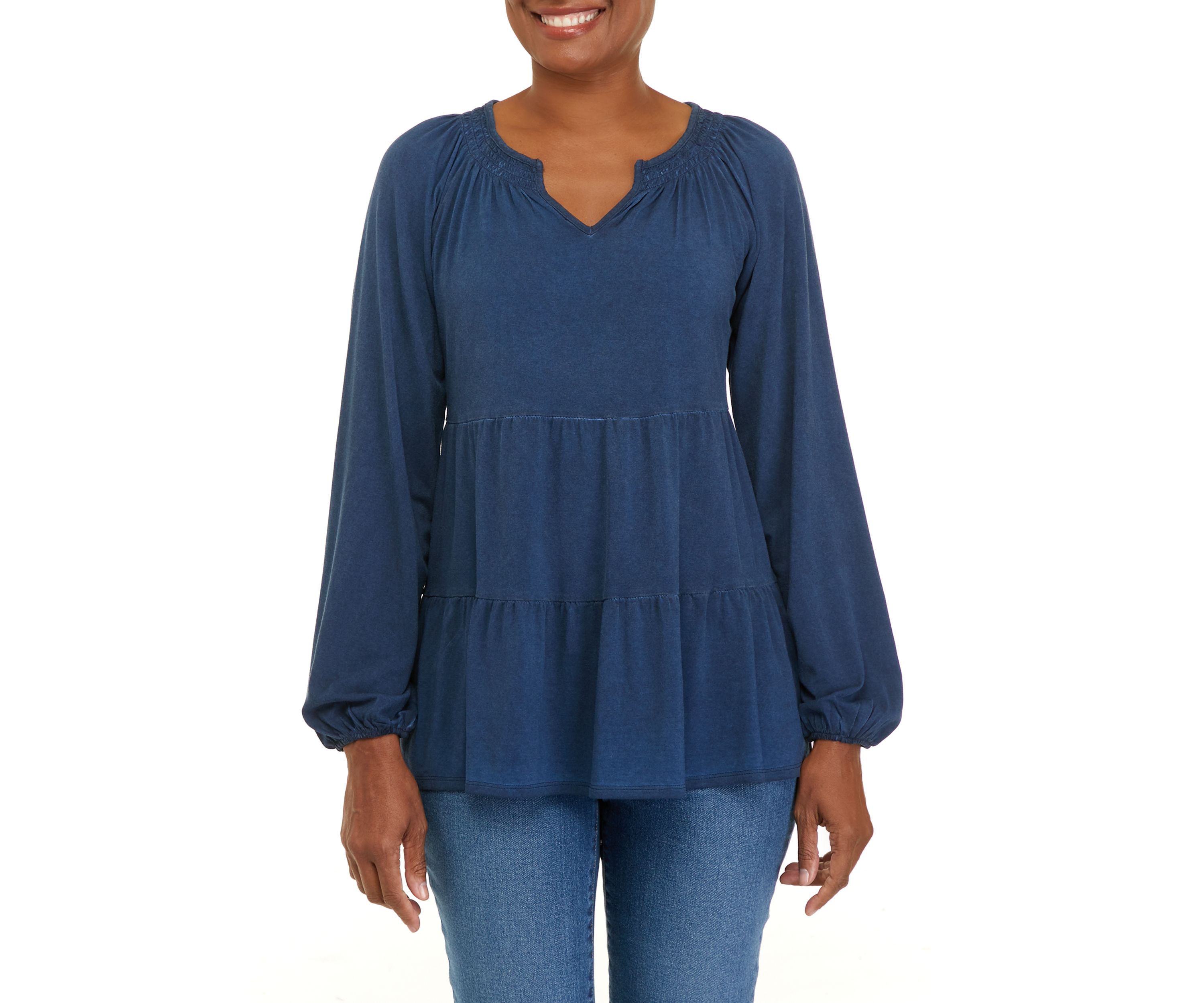 Petite  Long Sleeve Julianna Crepe Notch Neck Tunic Shirt 