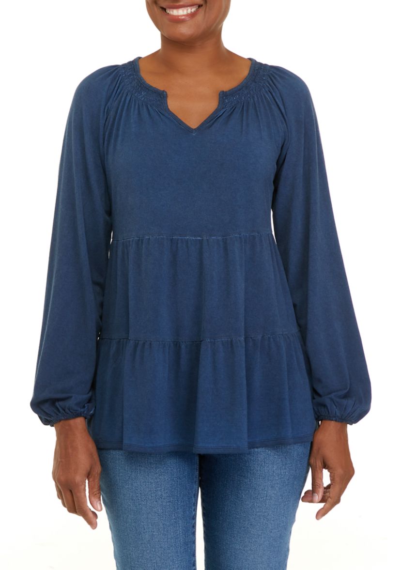 Petite  Long Sleeve Julianna Crepe Notch Neck Tunic Shirt 