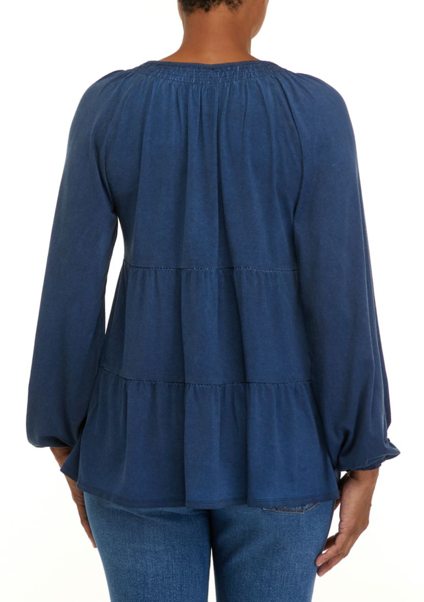 Petite  Long Sleeve Julianna Crepe Notch Neck Tunic Shirt 
