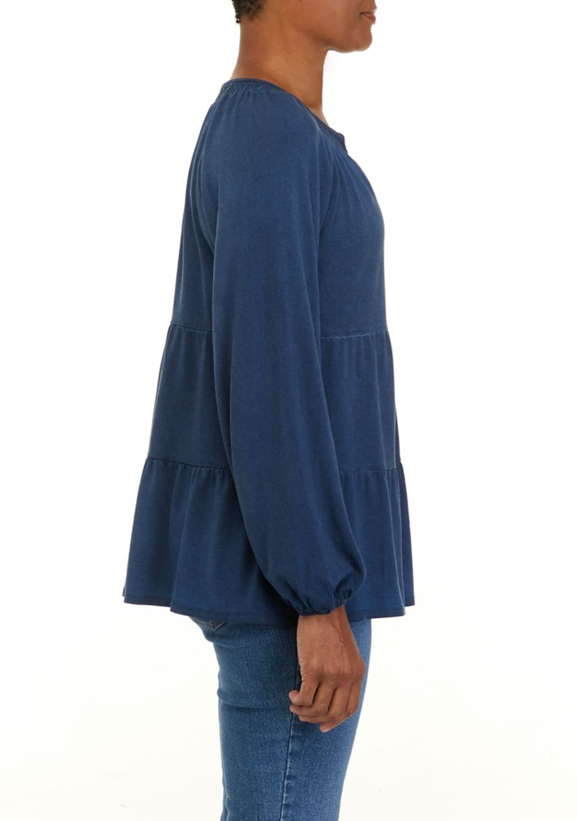 Petite  Long Sleeve Julianna Crepe Notch Neck Tunic Shirt 