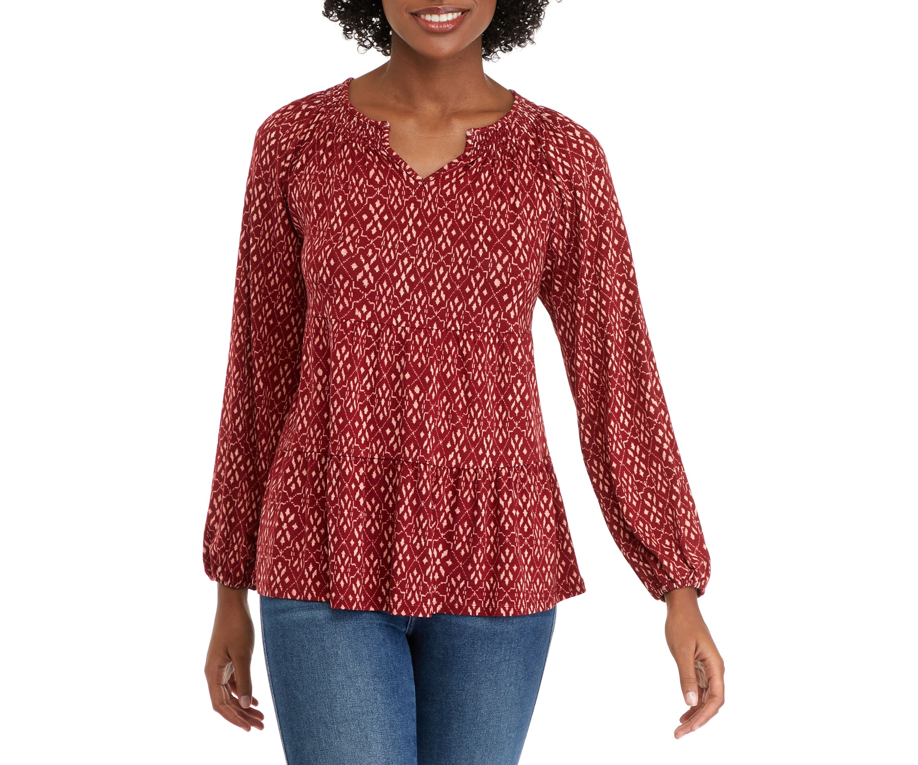 Petite Long Sleeve Smocked Split Neck Tiered Tunic Top