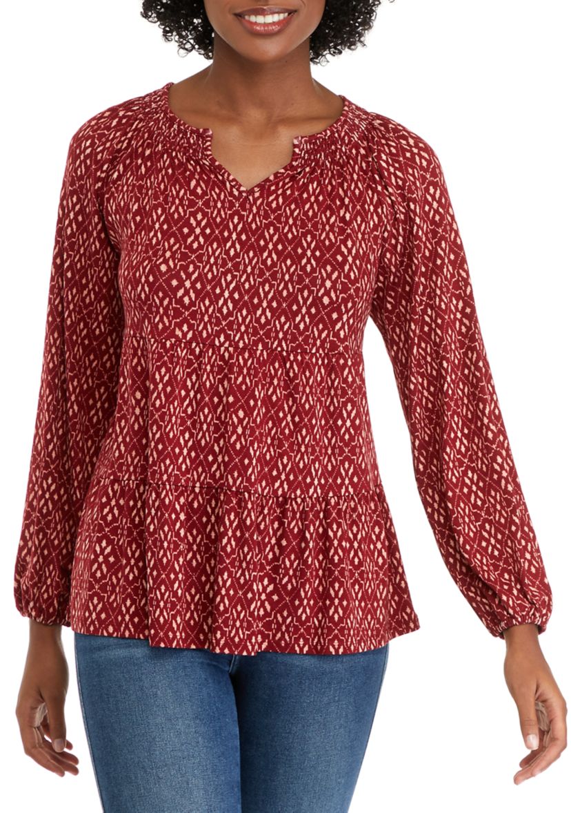 Petite Long Sleeve Smocked Split Neck Tiered Tunic Top