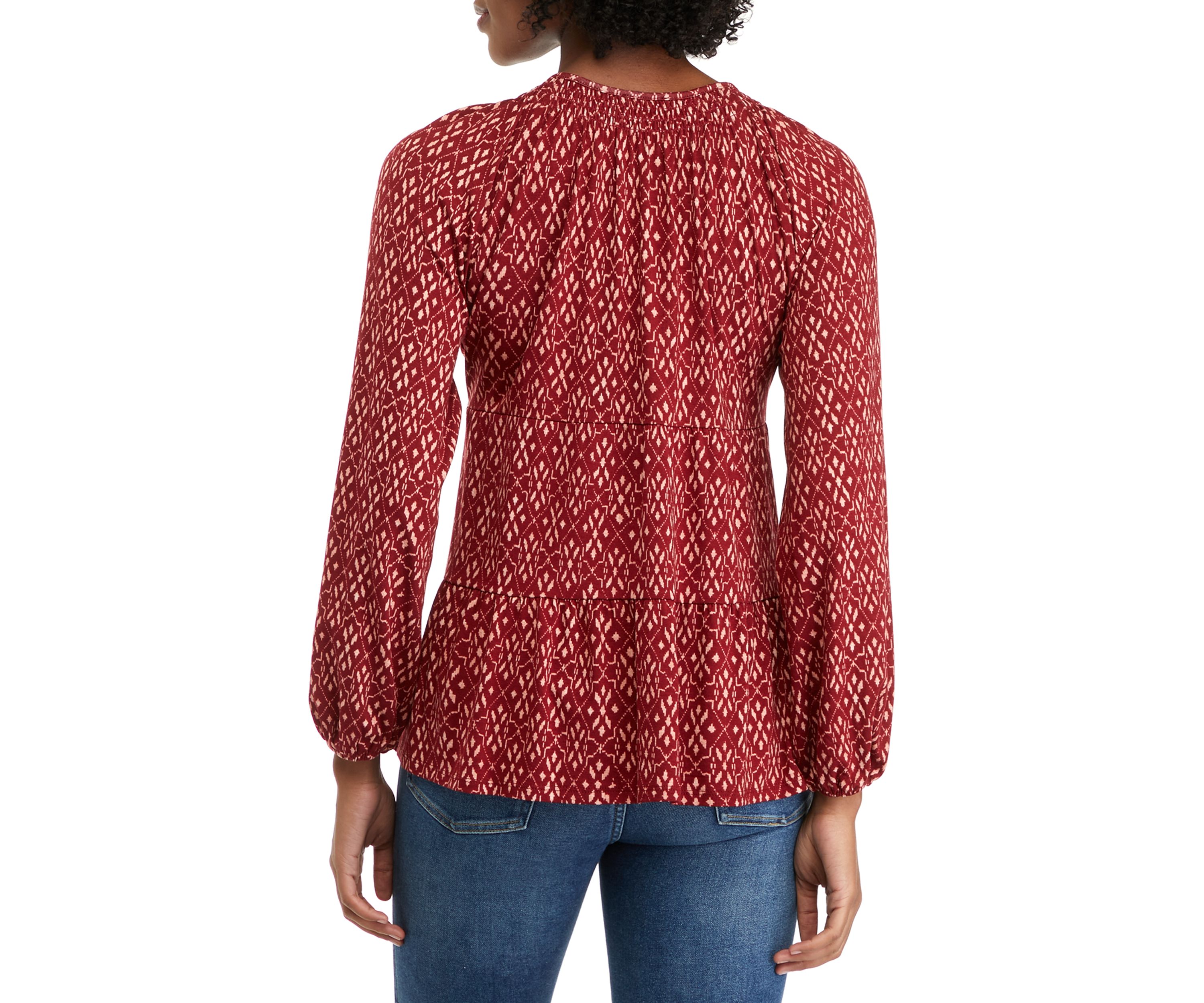 Petite Long Sleeve Smocked Split Neck Tiered Tunic Top