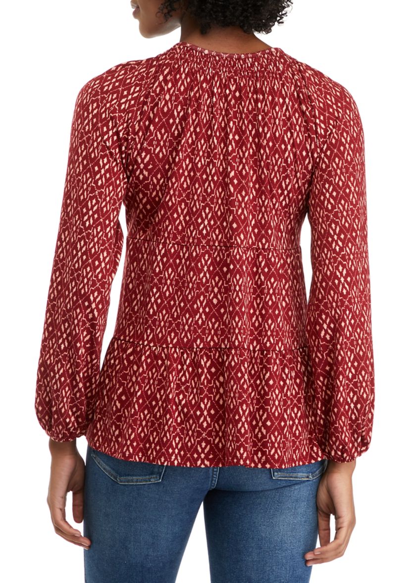 Petite Long Sleeve Smocked Split Neck Tiered Tunic Top