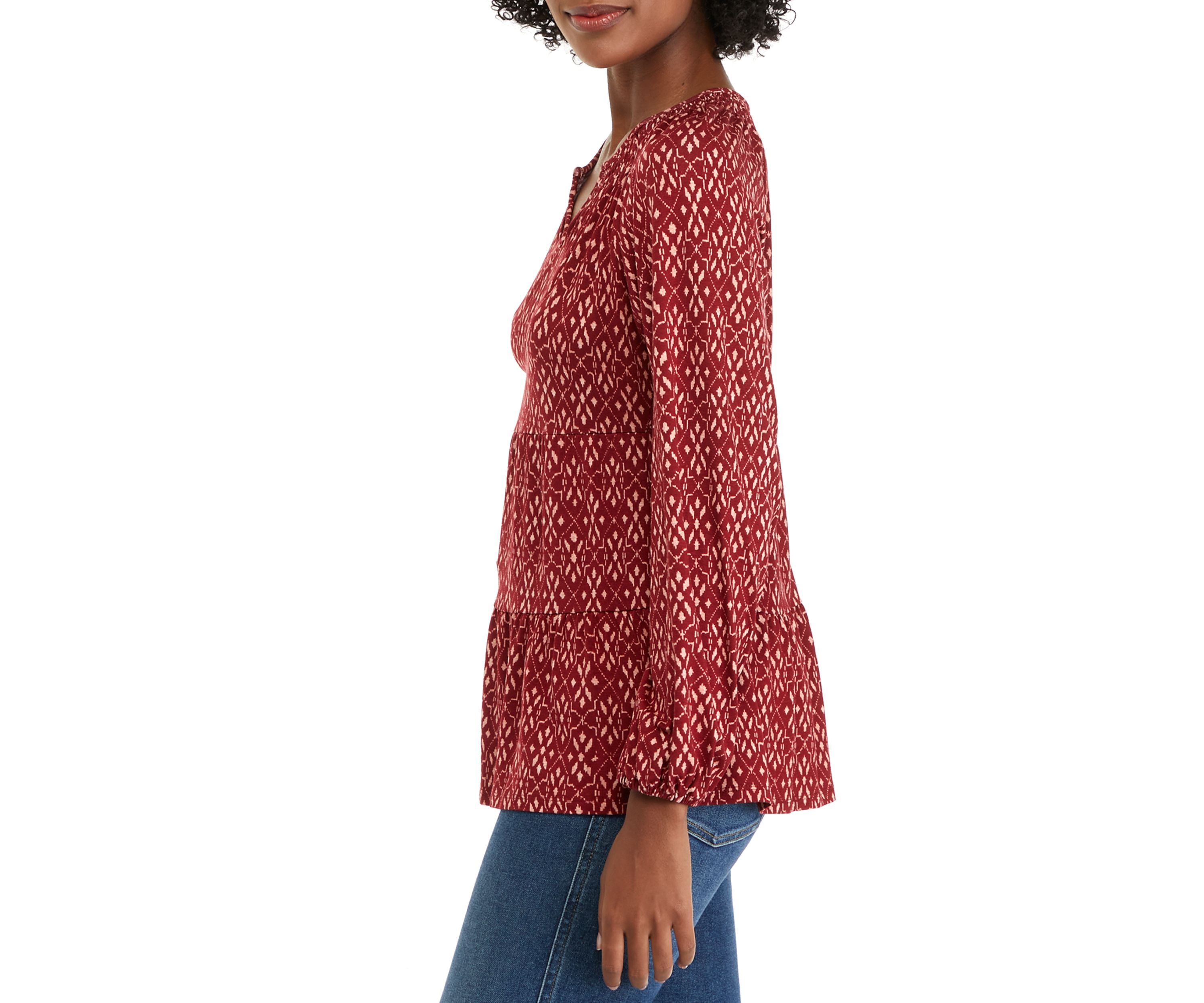 Petite Long Sleeve Smocked Split Neck Tiered Tunic Top