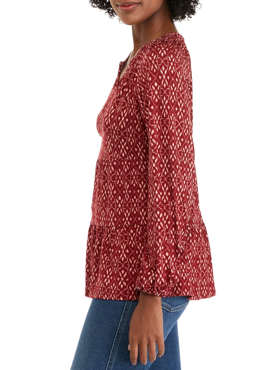 Petite Long Sleeve Smocked Split Neck Tiered Tunic Top