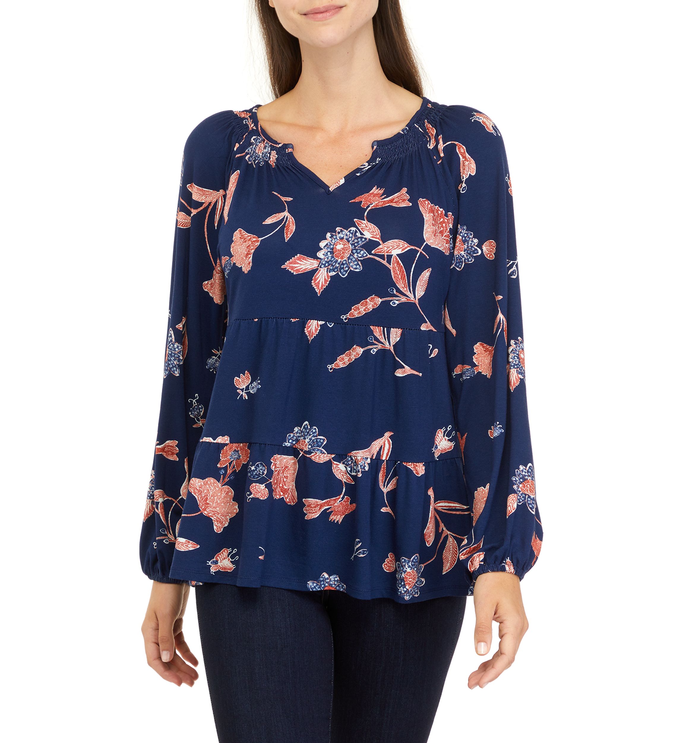 Womens Long Sleeve Smocked Notch Neck Tiered Tunic 