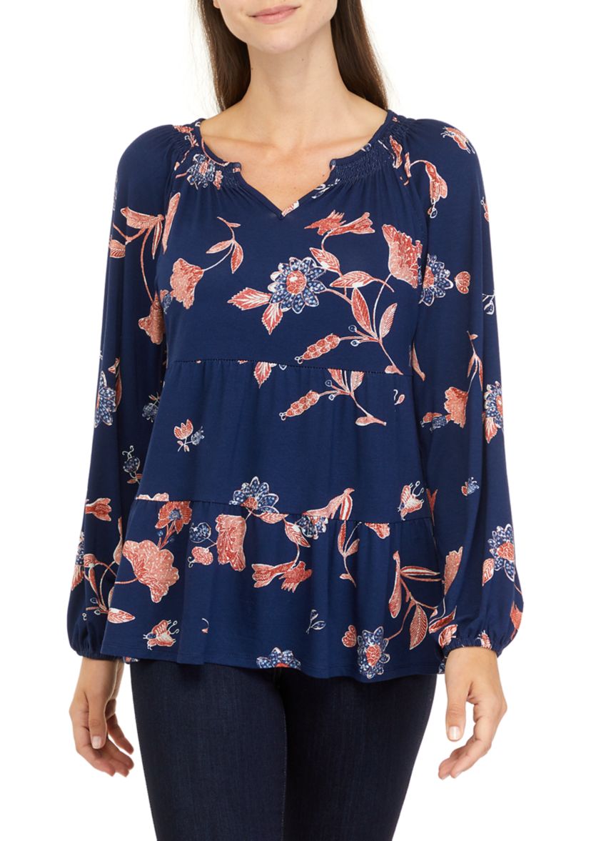 Womens Long Sleeve Smocked Notch Neck Tiered Tunic 