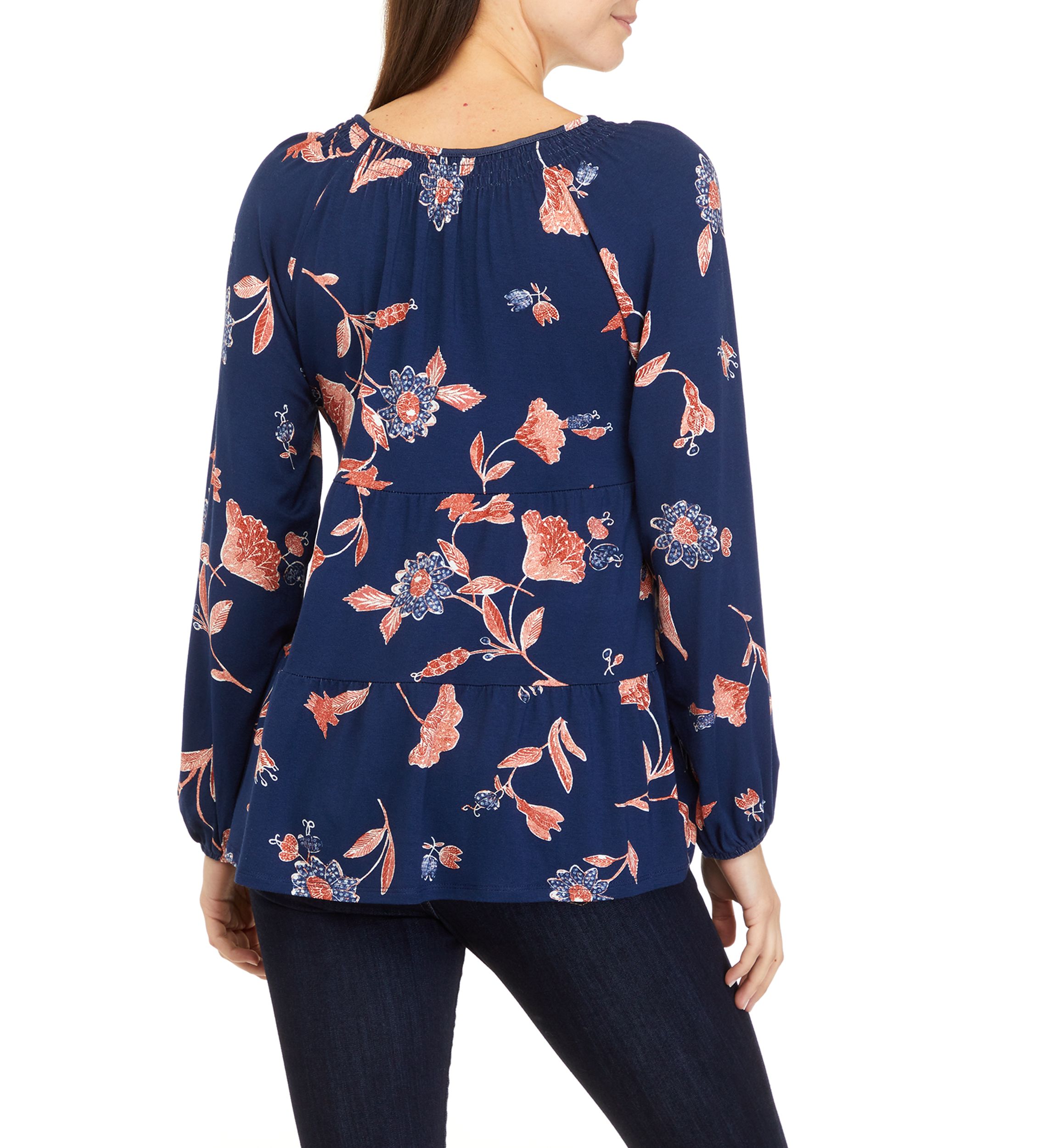 Womens Long Sleeve Smocked Notch Neck Tiered Tunic 