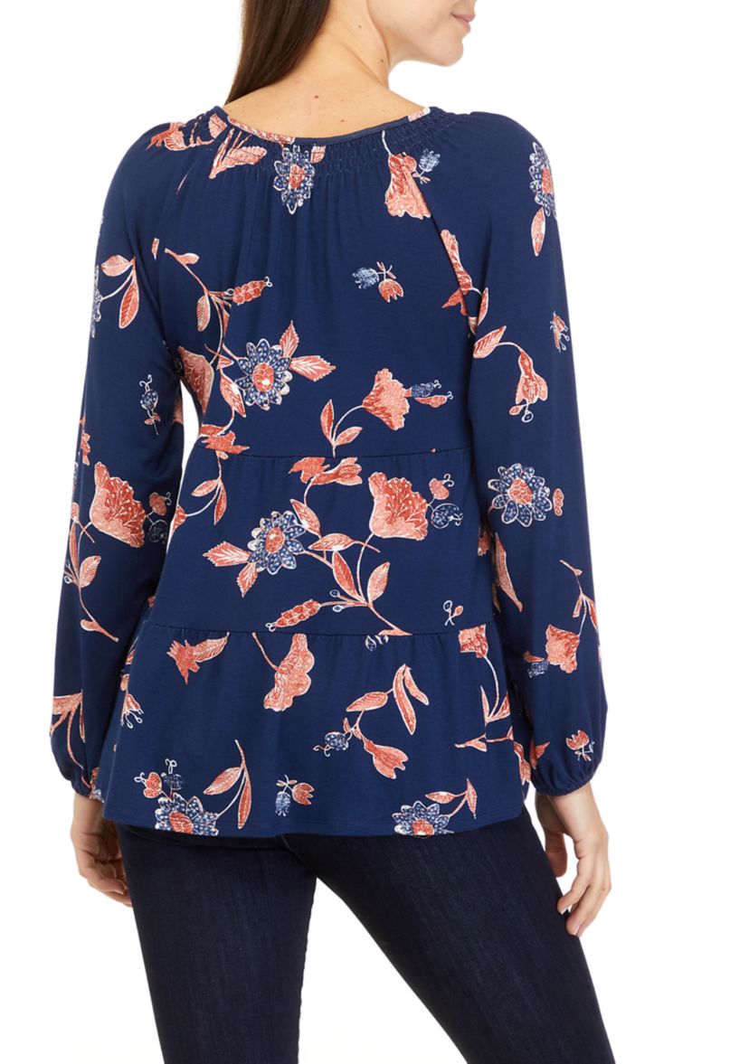 Womens Long Sleeve Smocked Notch Neck Tiered Tunic 