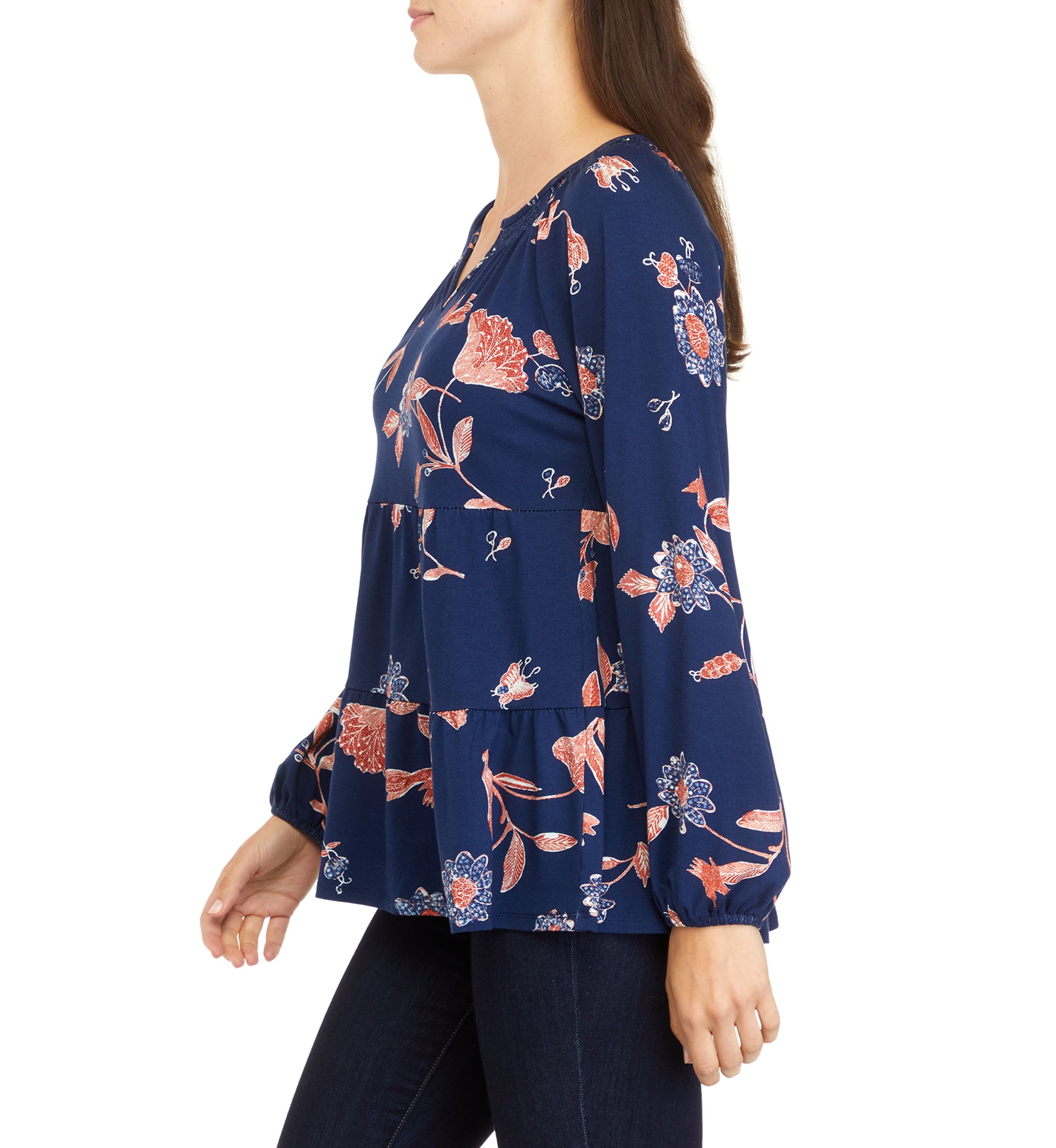 Womens Long Sleeve Smocked Notch Neck Tiered Tunic 