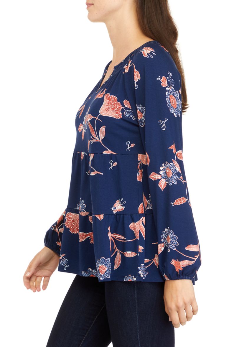Womens Long Sleeve Smocked Notch Neck Tiered Tunic 