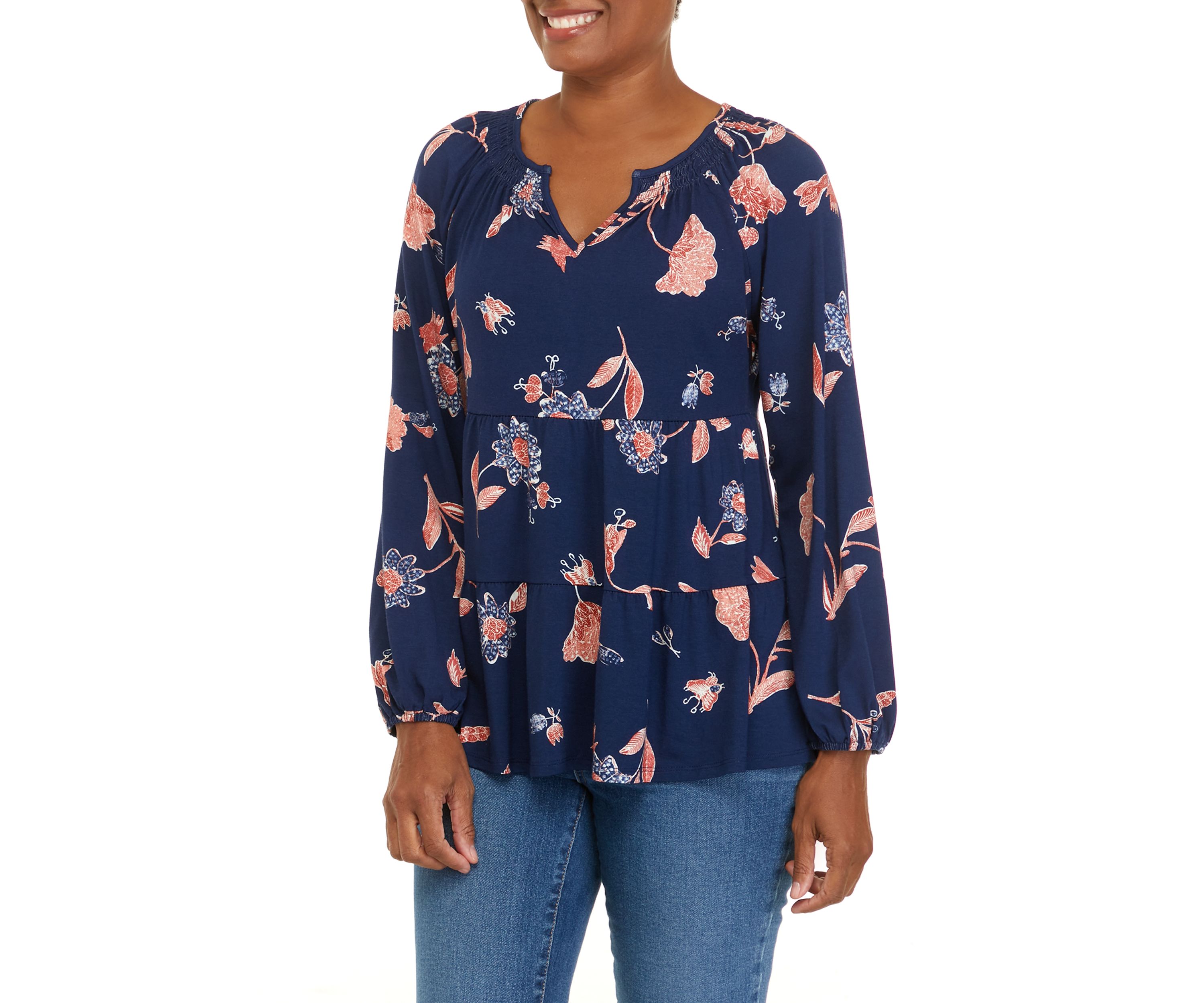 Petite  Long Sleeve Julianna Crepe Notch Neck Tunic Shirt 