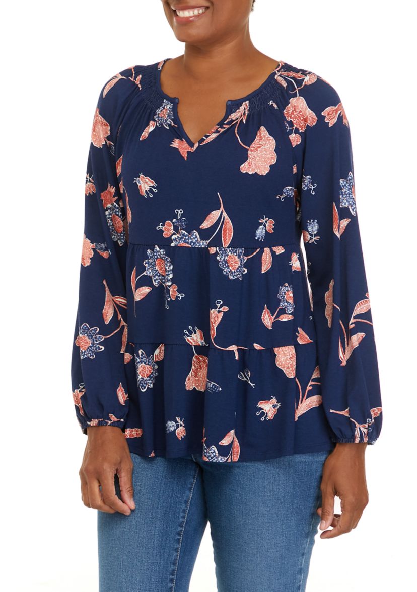 Petite  Long Sleeve Julianna Crepe Notch Neck Tunic Shirt 