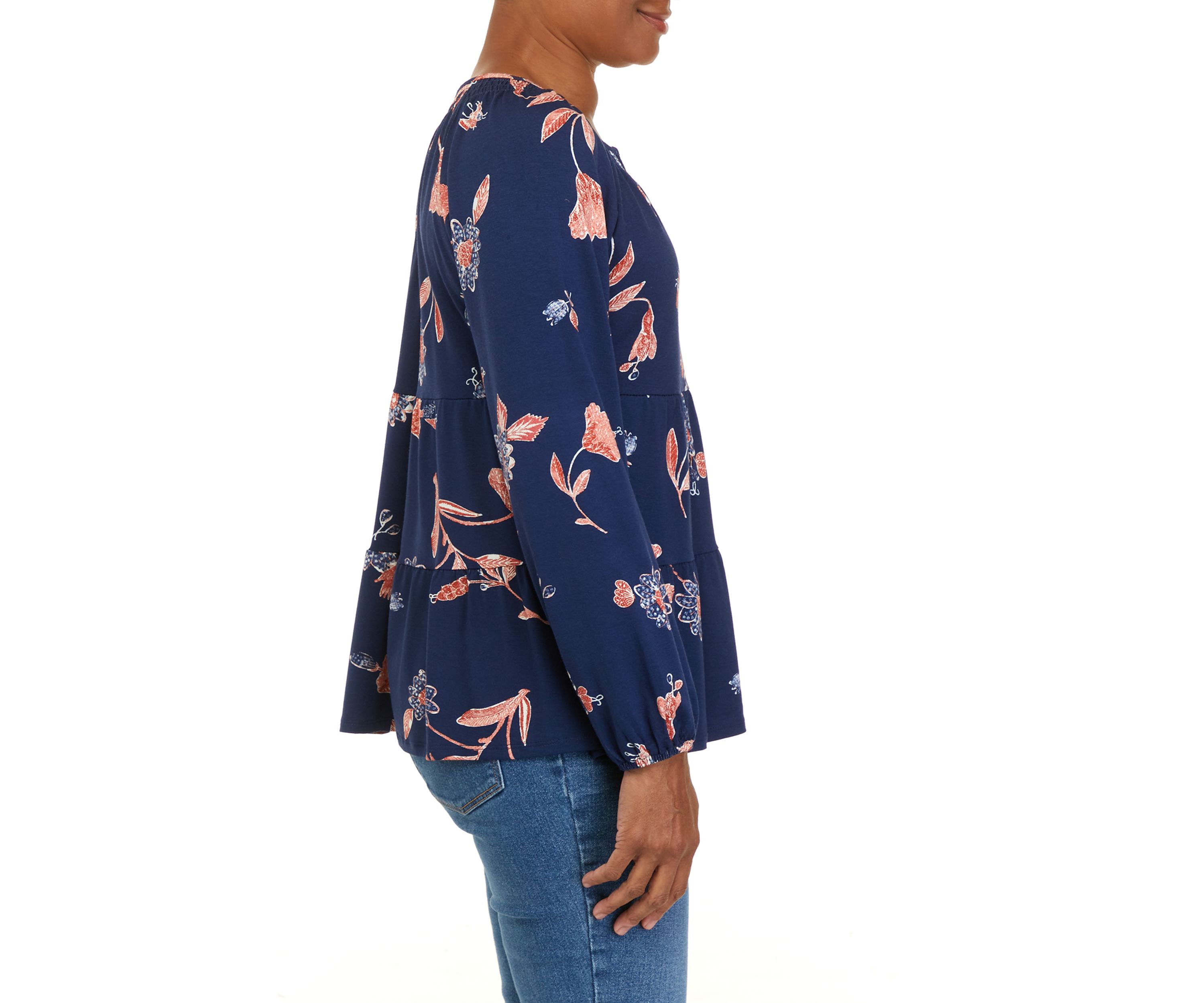 Petite  Long Sleeve Julianna Crepe Notch Neck Tunic Shirt 