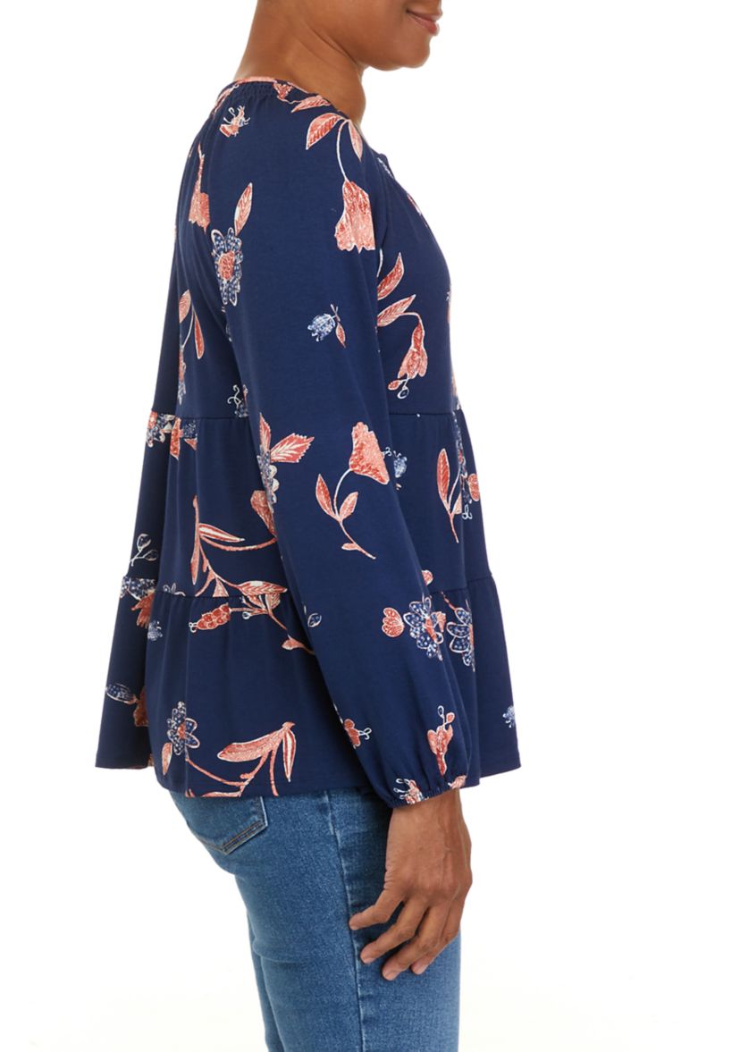 Petite  Long Sleeve Julianna Crepe Notch Neck Tunic Shirt 