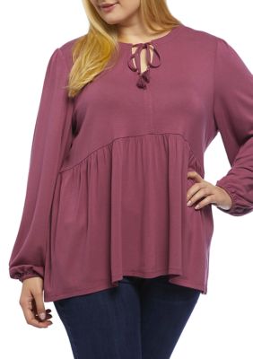 Wonderly Plus Size Blouson Sleeve Crepe Tie Neck Peasant Top | belk