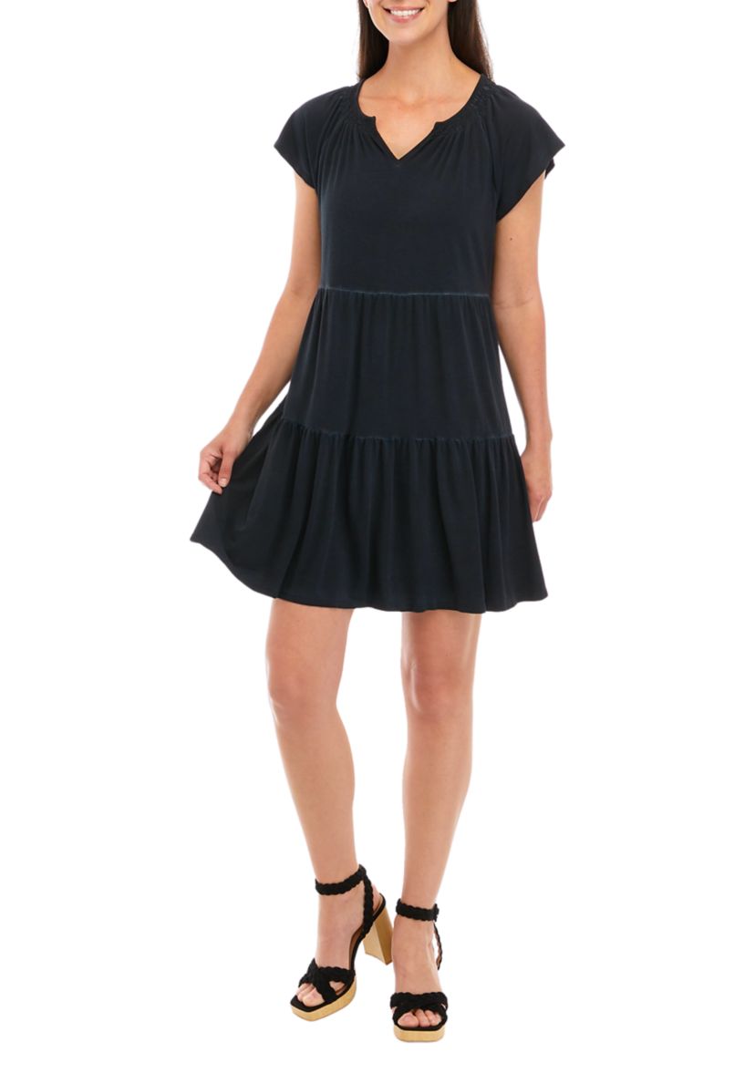 Womens Tiered Flutter Sleeve Dress